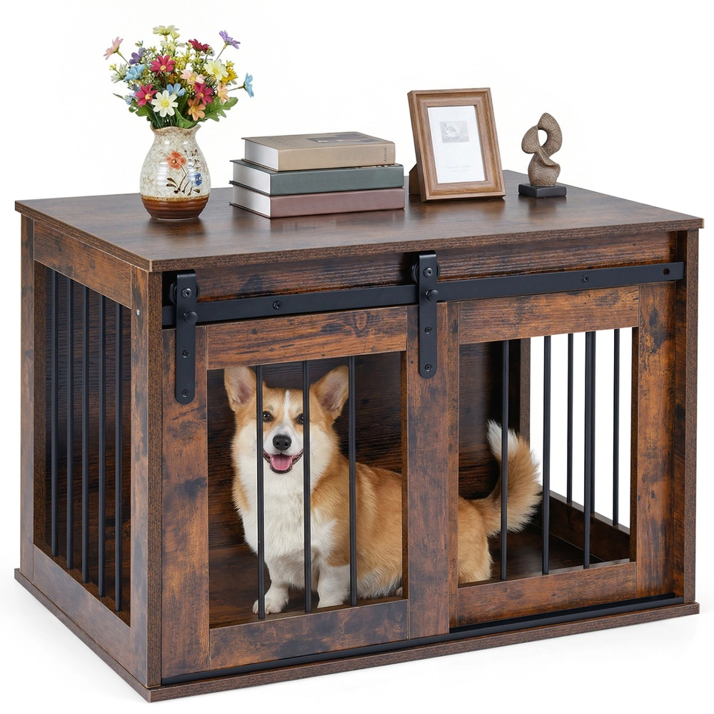 SUGIFT Rustic Brown Dog Crate Furniture Kennel with Space-Saving Sliding Barn Door and Metal Side Slats