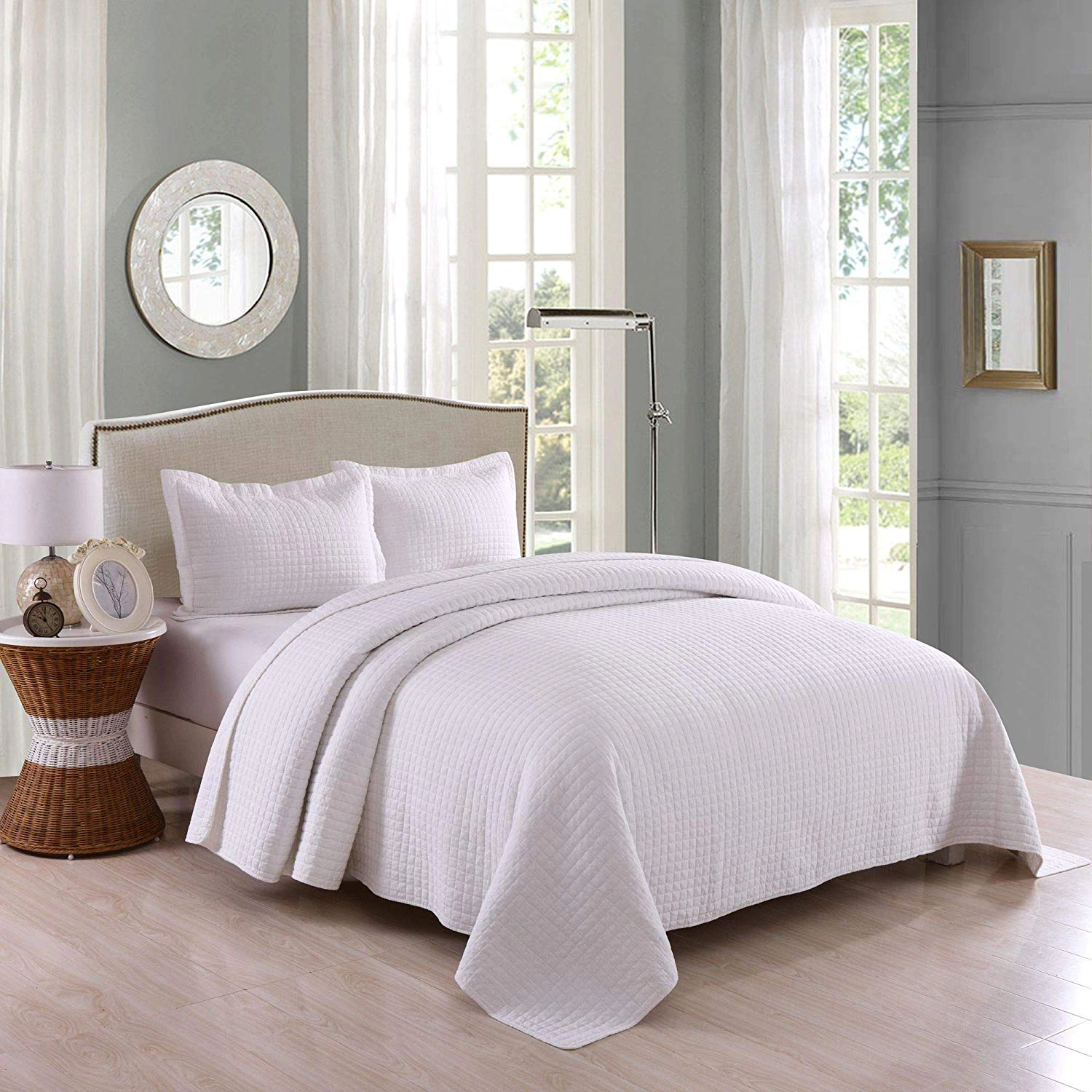 MarCielo 3 Piece Cotton Quilt Set White Square Quilted Bedspread Set