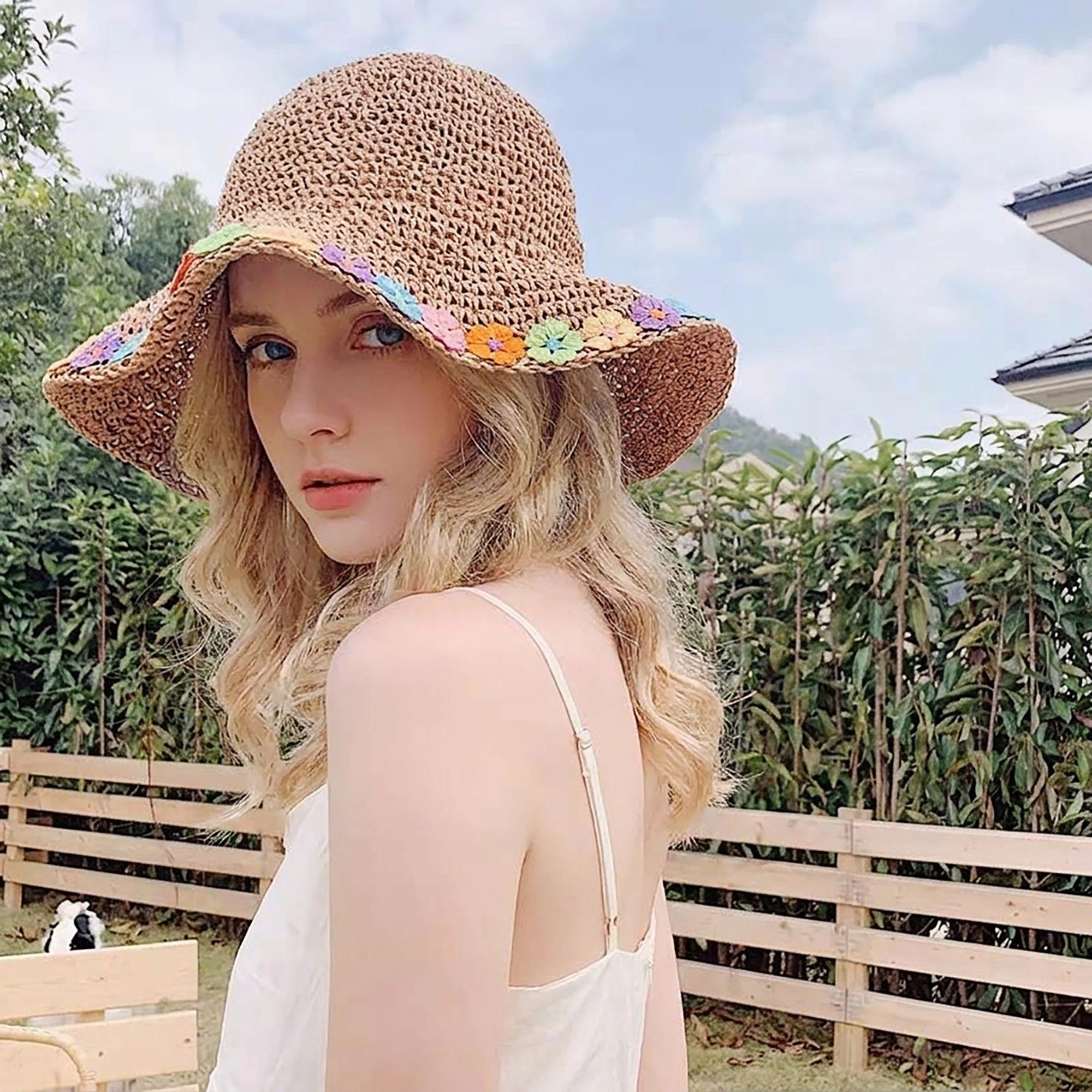 Anna-Kaci Women's Crochet Bucket Sun Hat with Floral Applique Trim and Soft Brim Design