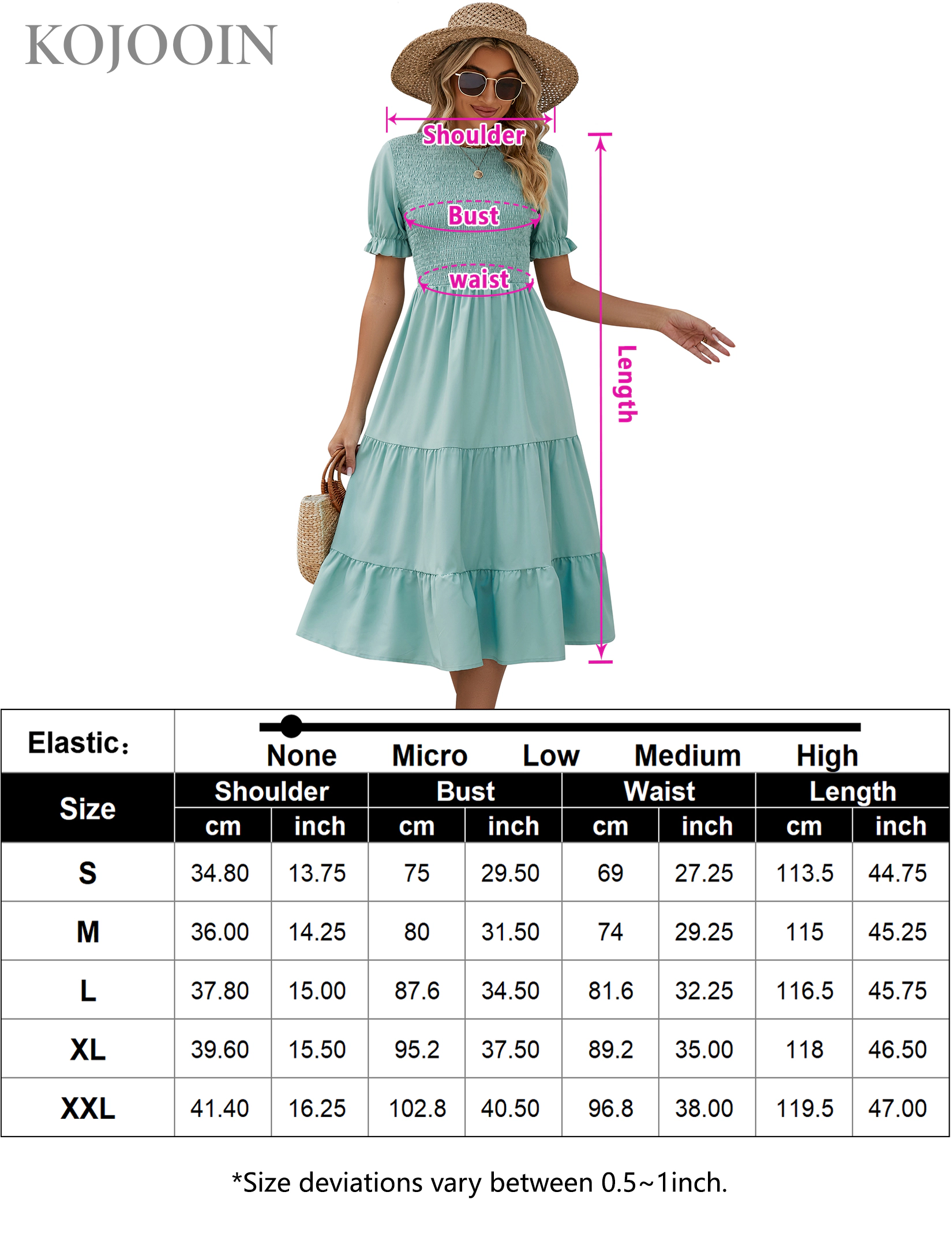 KOJOOIN Women Tiered Midi Dress Puff Short Sleeve Smocked Bodice A-Line Ruffle Beach Flowy Summer Dresses