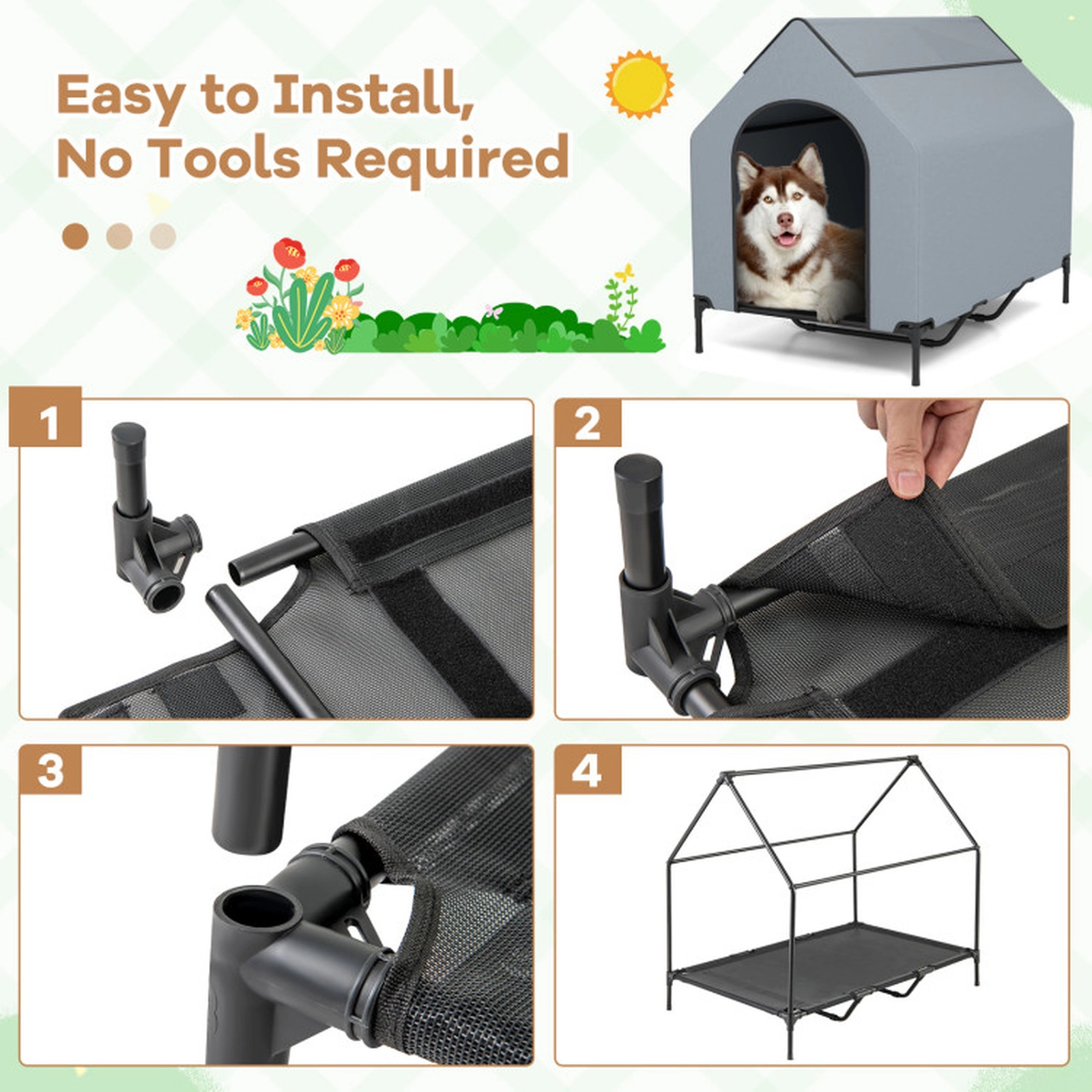 SUGIFT Large 110-lb Capacity Elevated Outdoor Dog House with Waterproof Canopy and 2 Roll-Up Mesh Windows