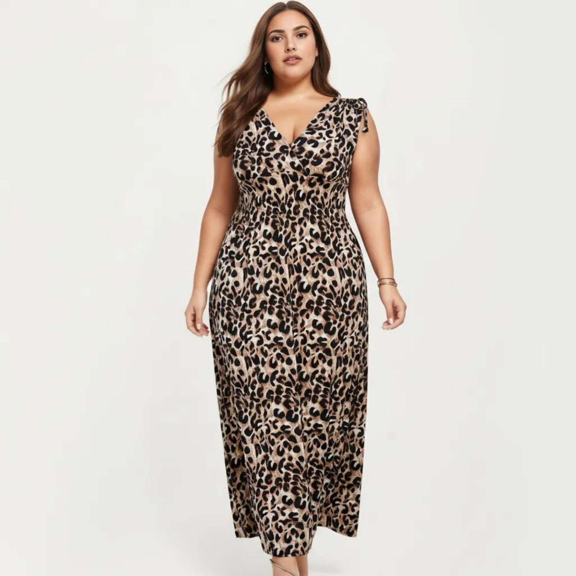 Anna-Kaci Women's Sleeveless V Neck Leopard Print Elastic Waist Flowy A Line Long Maxi Dress