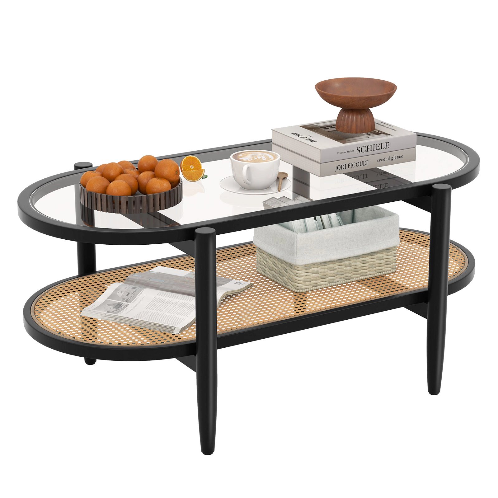 Glintex 2-Tier 40-Inch Acacia Coffee Table with Glass Top and Rattan Shelf