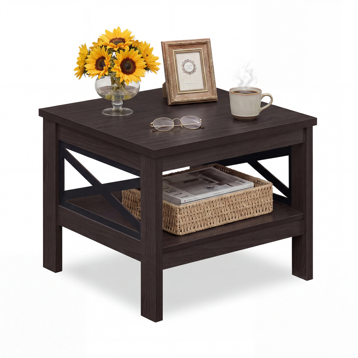 Glintex 2-Tier Square Side Table with X-Frame Legs and 220-Lb Capacity