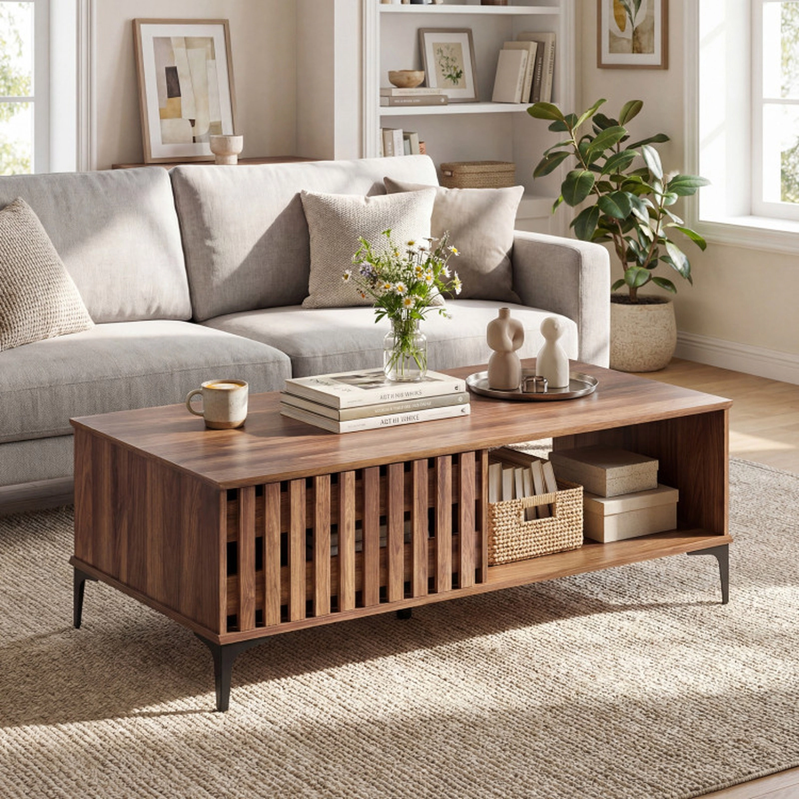 SUGIFT Front Rear Cabinets Open Shelf 5 Metal Legs Coffee Table 47-in x 23.6-in x 15.4-in 187-lb Capacity Walnut