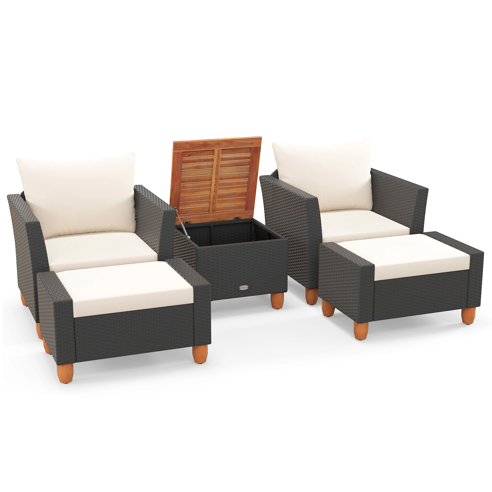 SUGIFT White 2 Ottomans and Acacia Storage Table 5-Piece Patio Rattan Sofa Set