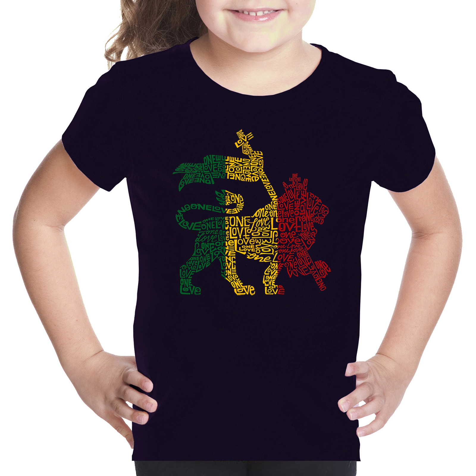 LA Pop Art Girls Word T-Shirt - Rasta Lion One Love