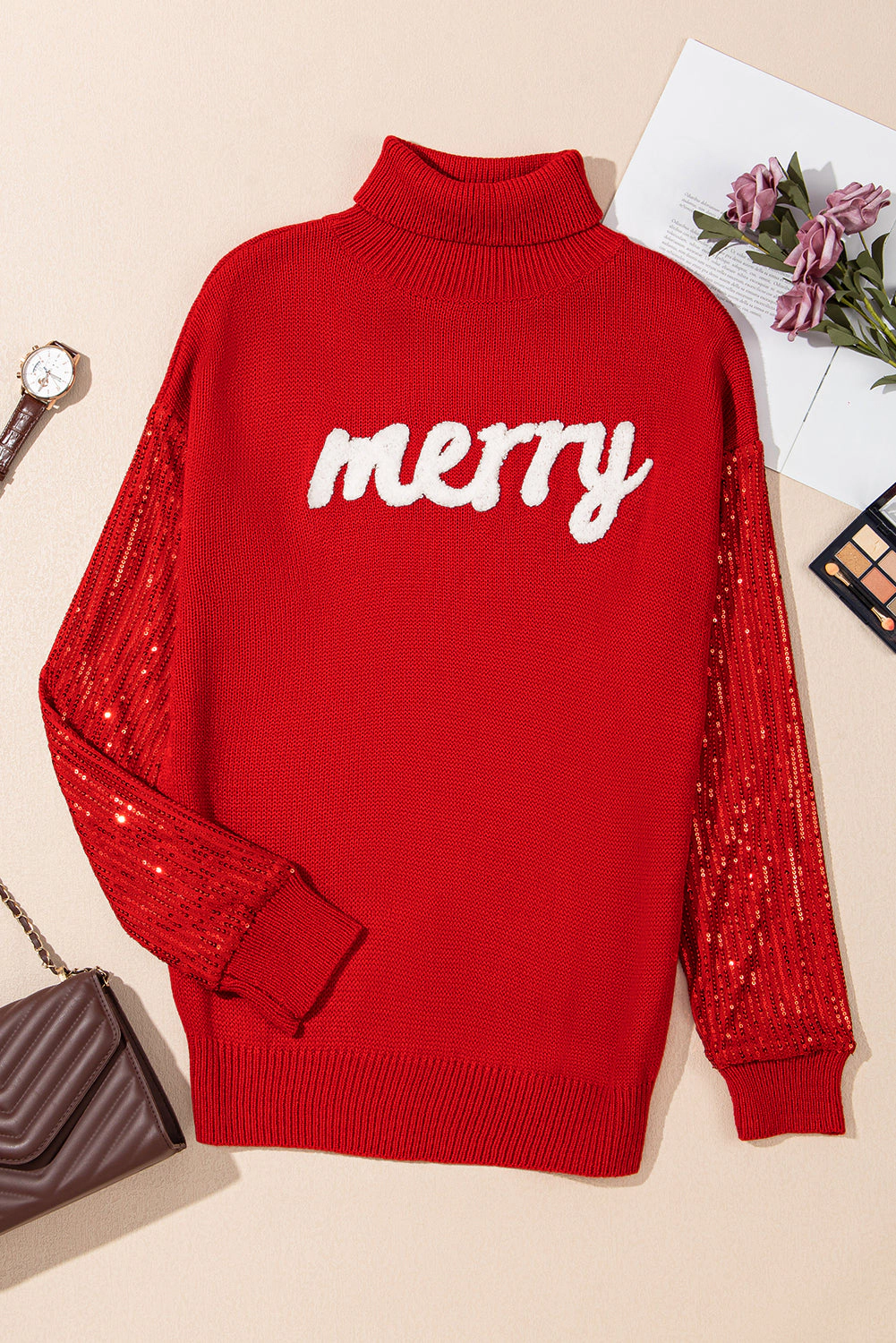 Threaded Pear Women's Isabella Sleeves Christmas Turtleneck Sweater