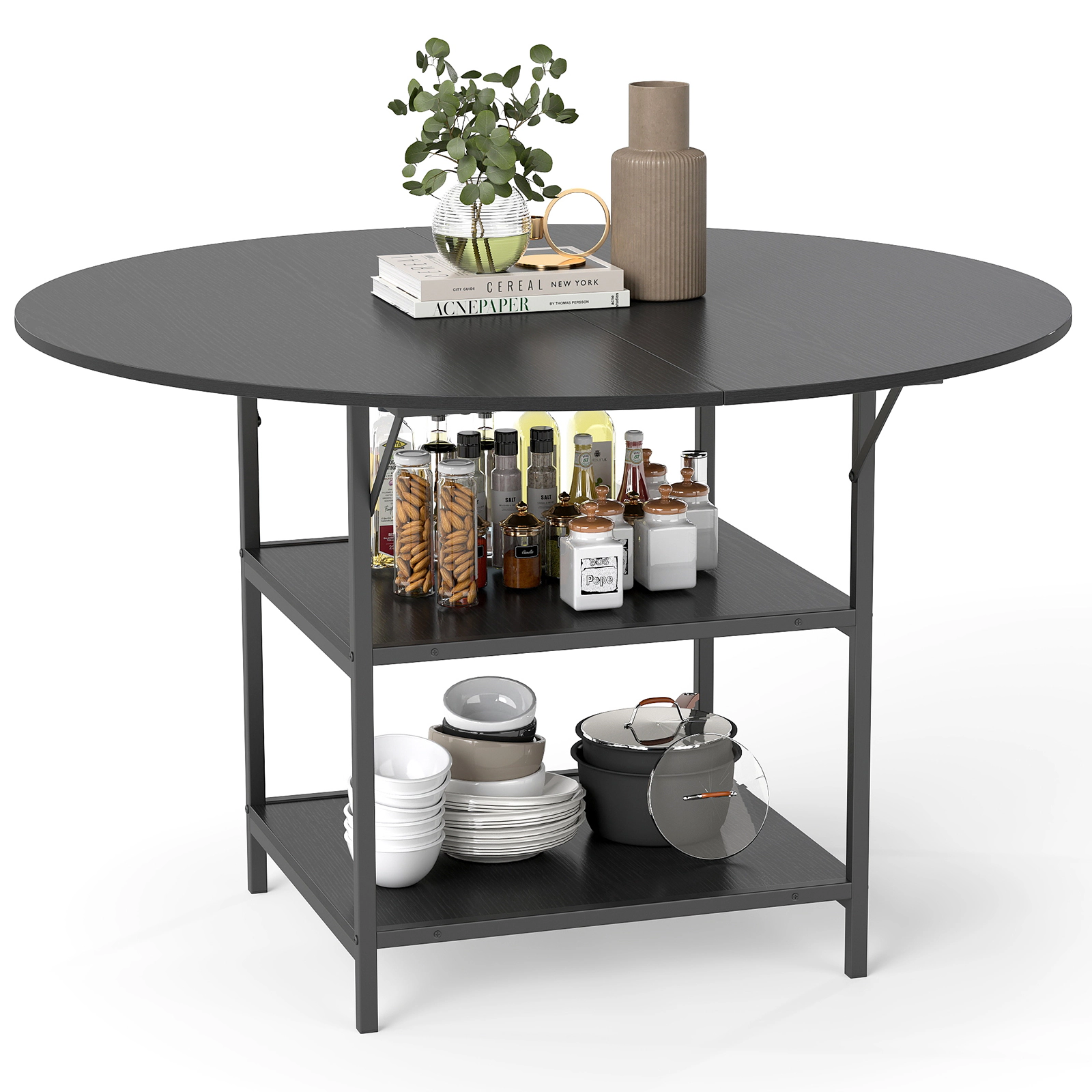 LJG 47 Inch Round Dining Table for 4-6 People Large Kitchen with 2-Tier Storage Shelves