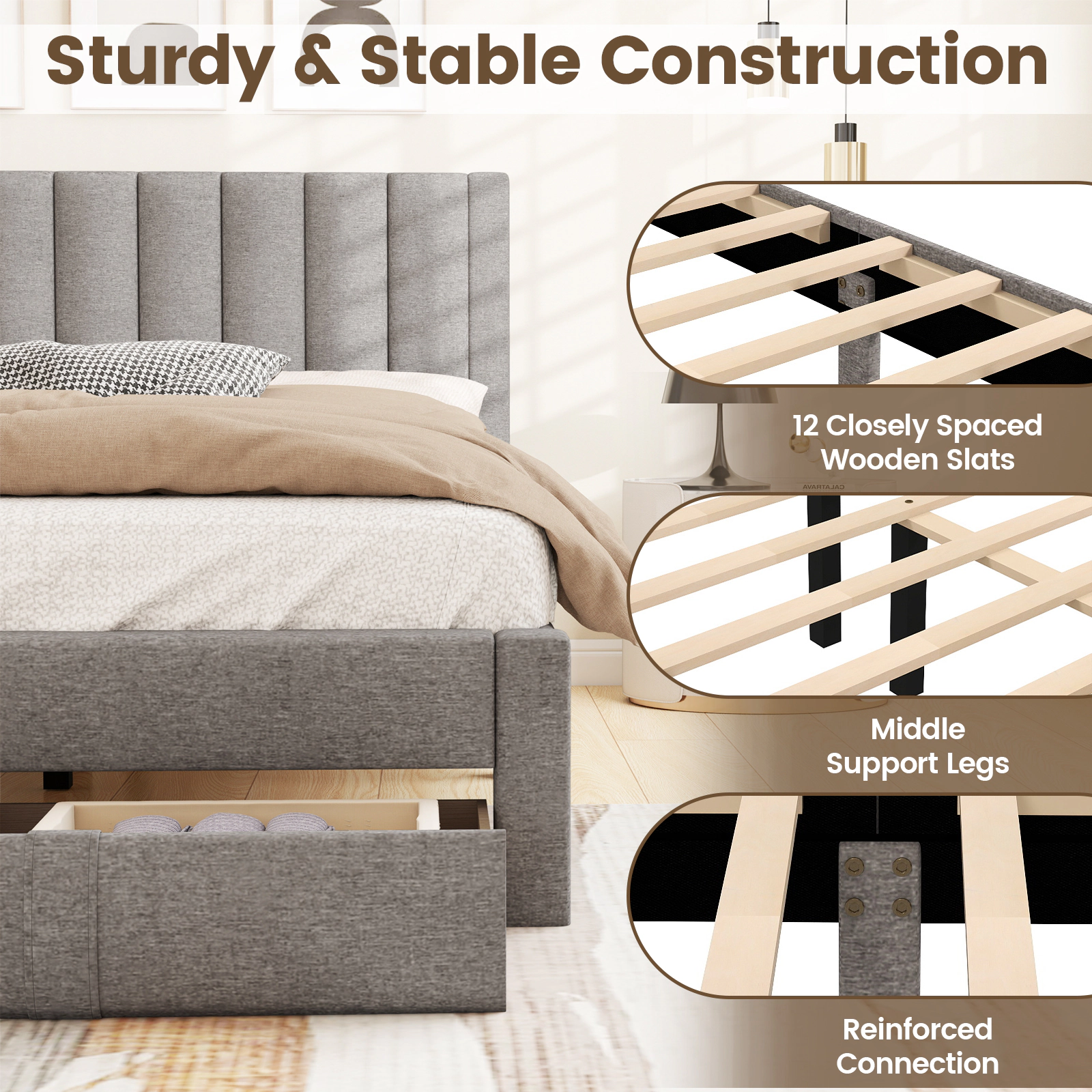SUGIFT Upholstered Queen Bed Frame with Storage Drawer and Vertical Channel Headboard 800-lb Capacity Beige