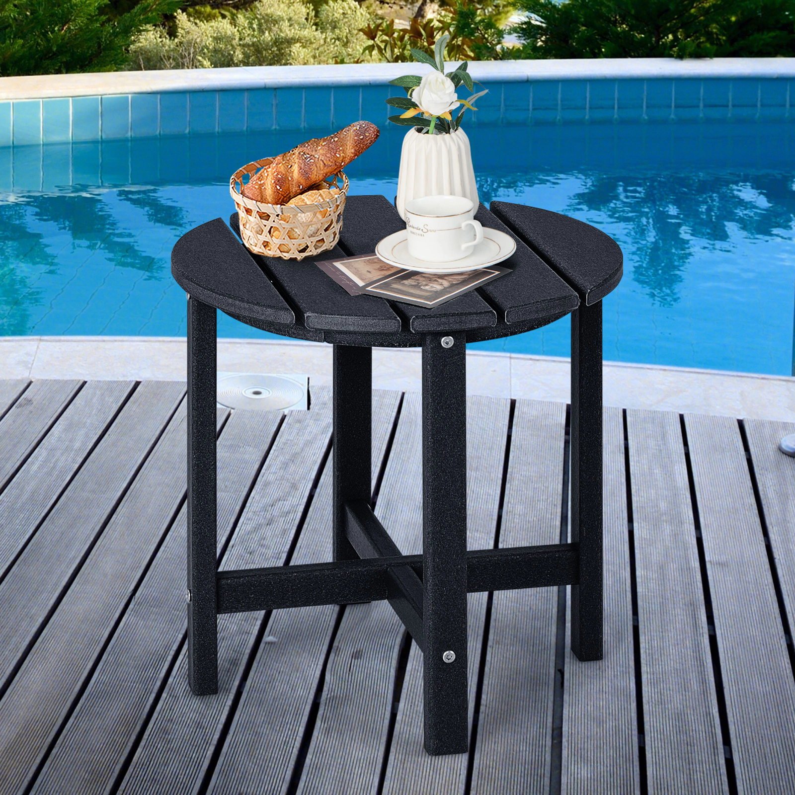 SUGIFT Black Weather Resistant 18 in Round HDPE Set of 2 Adirondack Side Tables