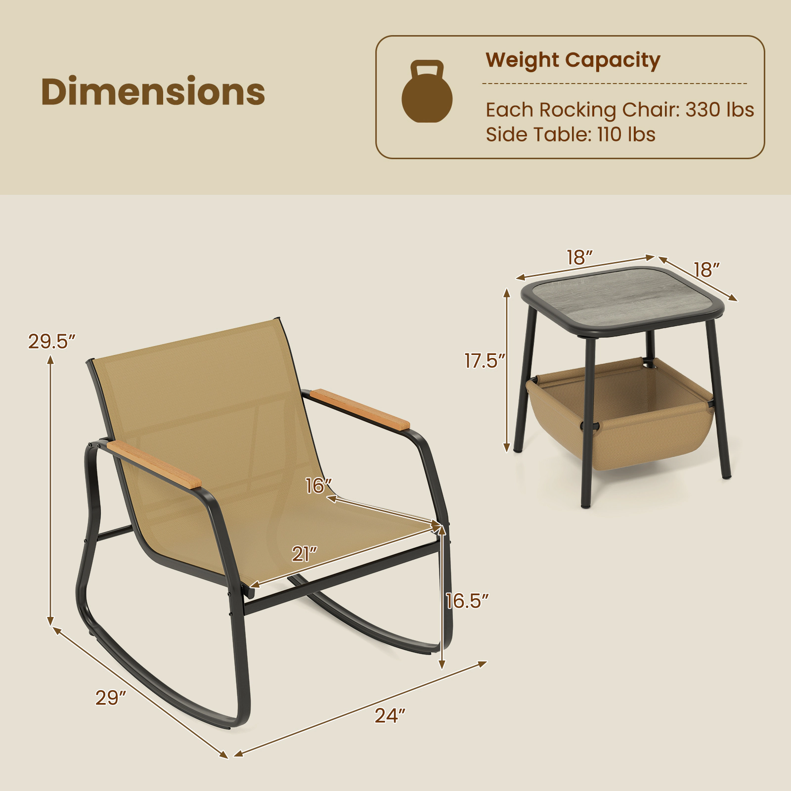 SUGIFT 3-Piece Rocking Bistro Chairs and Side Table Set 330-lb Chair Capacity Black + Brown