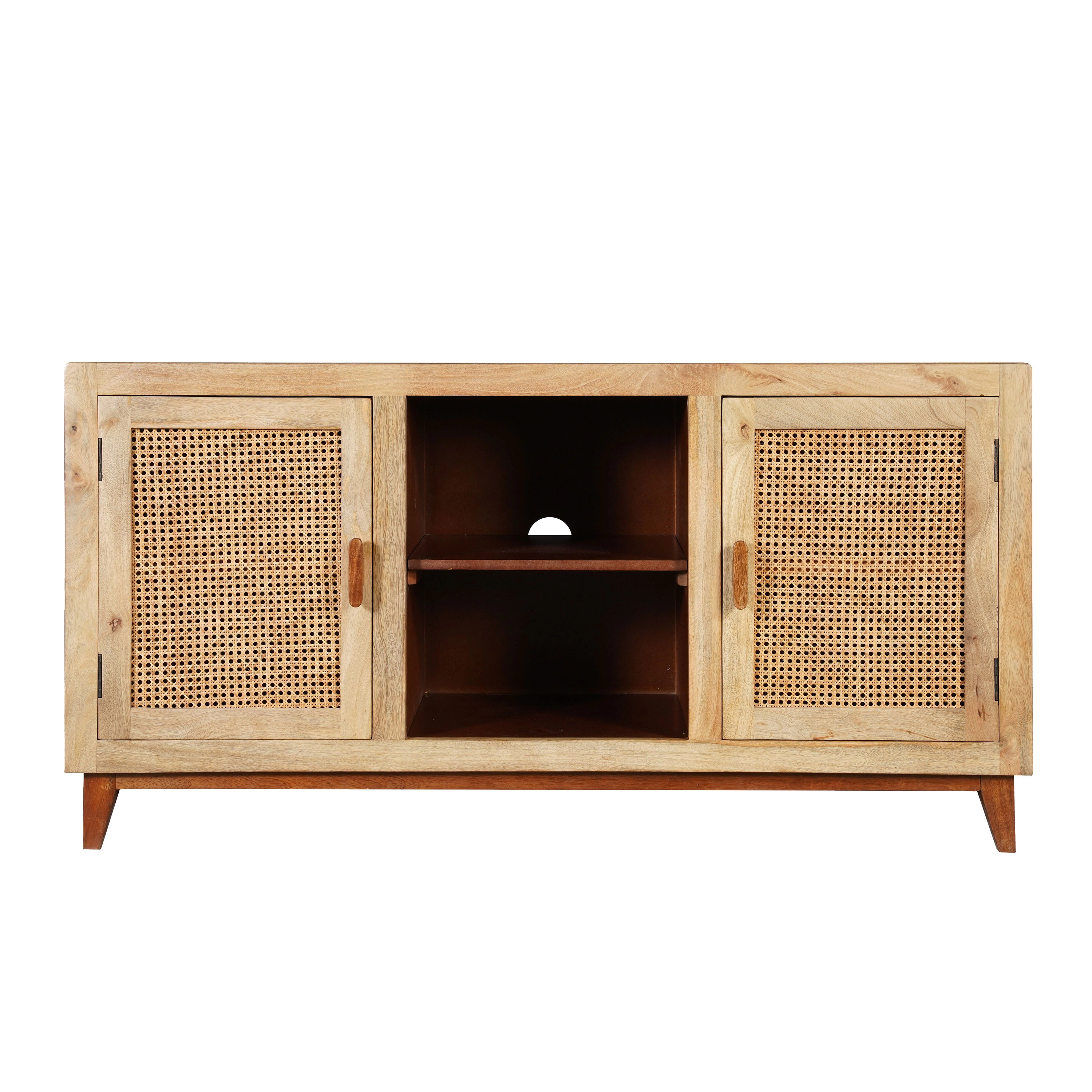 The Urban Port Aru 58 Inch 2 Cane Doors Open Shelves 2 Tone Antique Brown Mango Wood Sideboard Buffet Cabinet