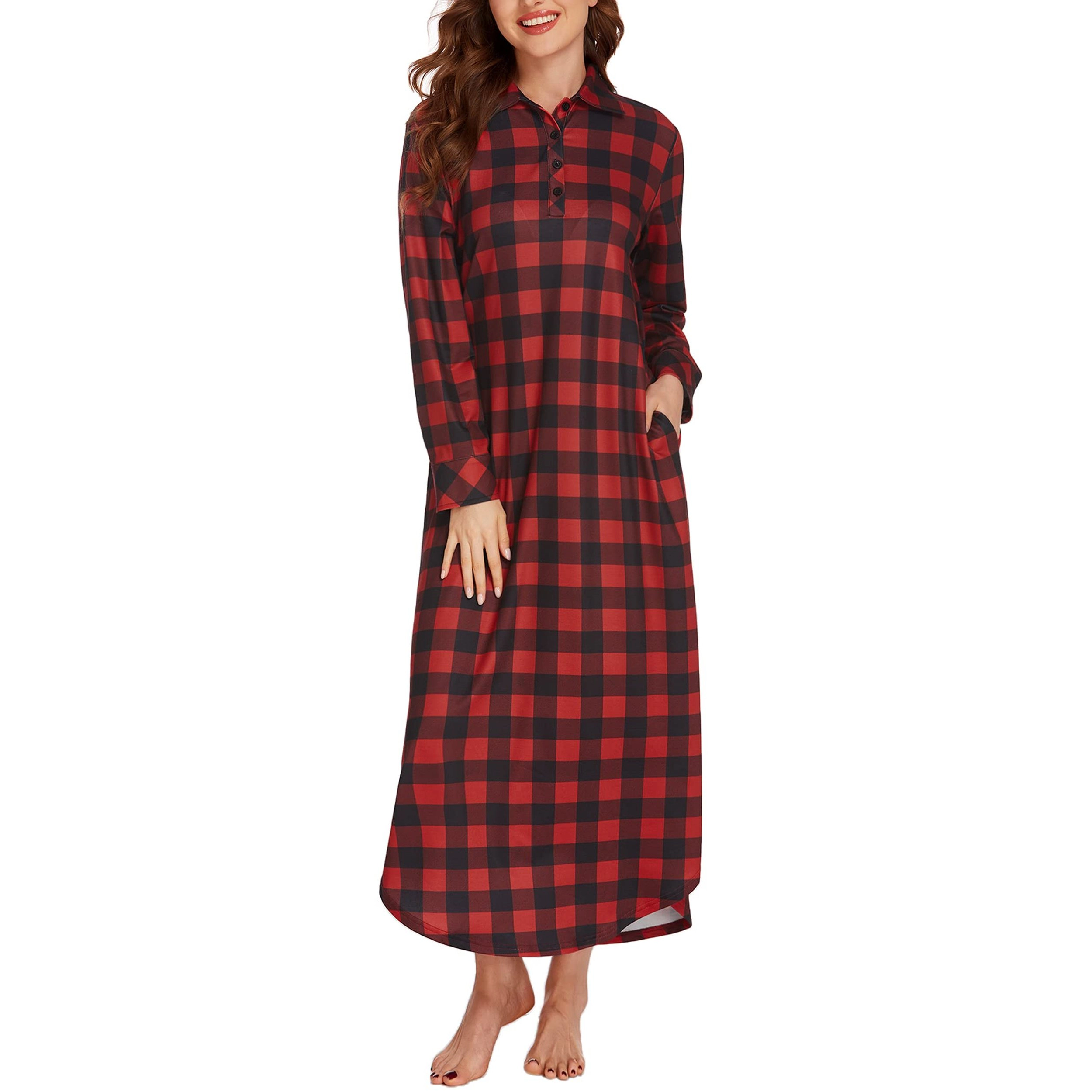 Ekouaer Womens Nightgown Long Sleeve Nightshirt Full Length Loungewear Plaid Sleepwear With Pockets
