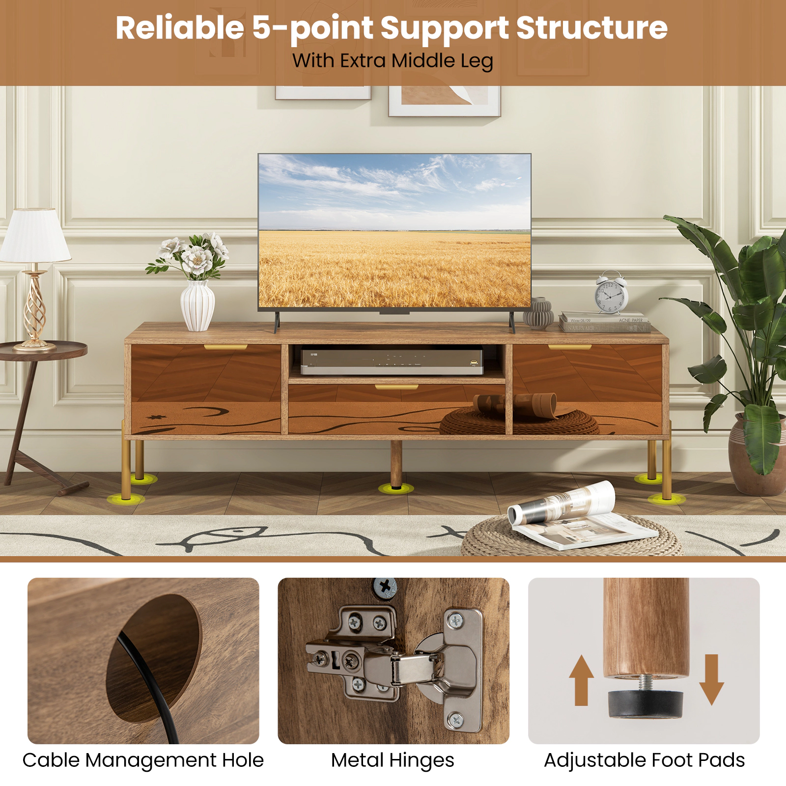 SUGIFT Mirrored TV Stand for TV up to 65 Inch with 58-in Tabletop, Drawer and 2 Storage Cabinets 220-lb Capacity Natural