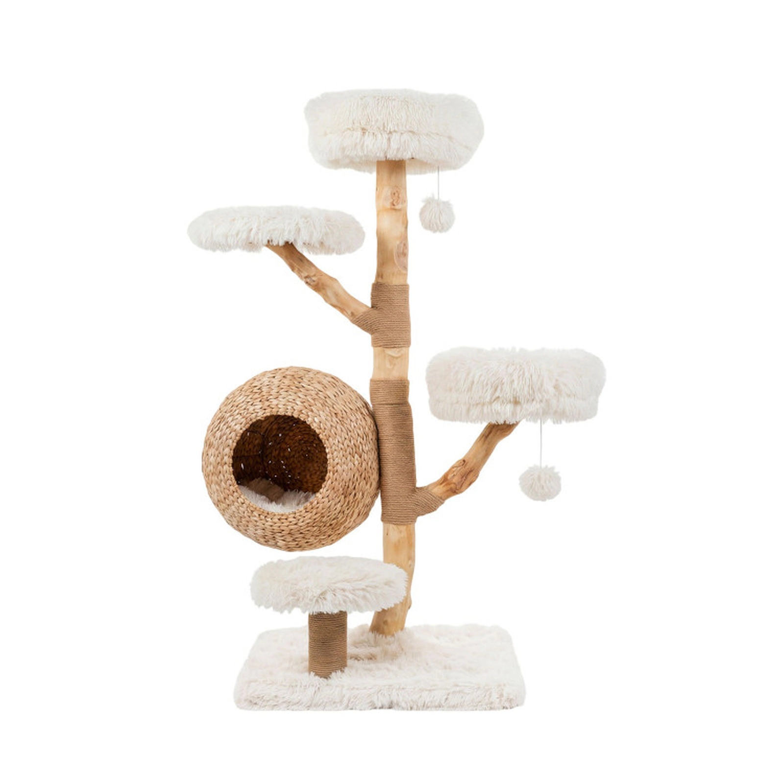 SUGIFT 52.76-in White 5-Tier Wooden Cat Tree with Hand-Woven Cattail Condo Pear Wood Posts and Perches