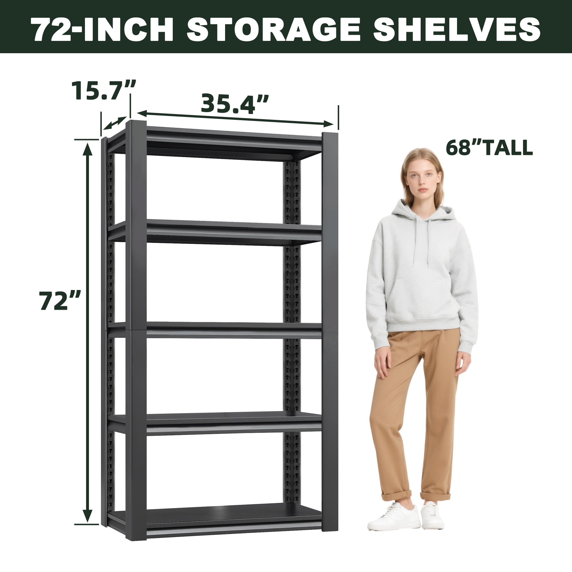 Flynama 72" H 5-Tier Metal Shelves, 2000lb, Black, Garage/Industrial Storage