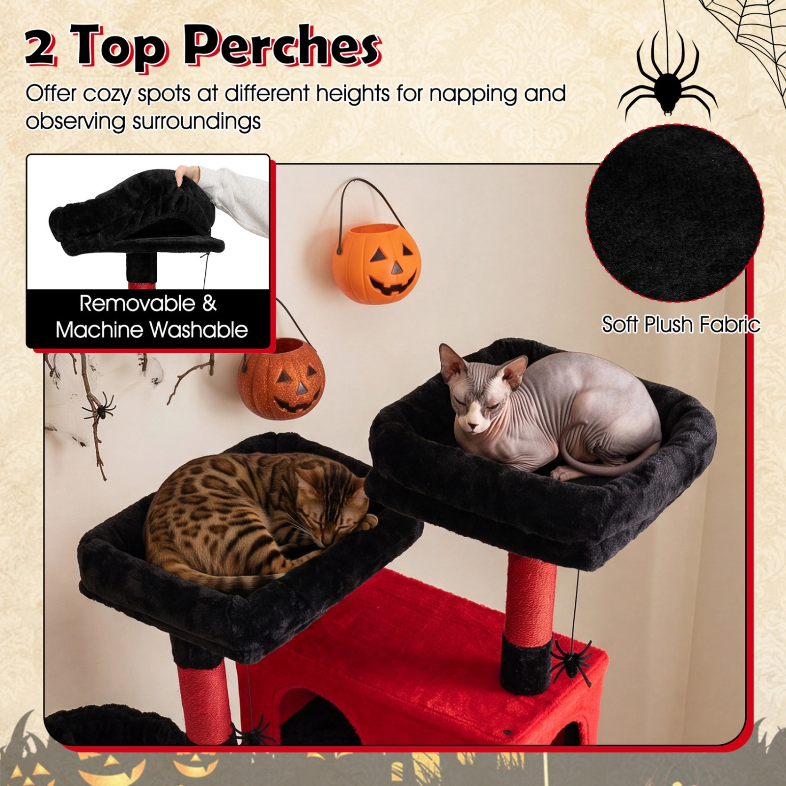 SUGIFT 75-in Gothic Cat Tree with 2 Plush Perches, 2 Condos, Hammock and Basket Beds 22-lb Tier Capacity Black & Red