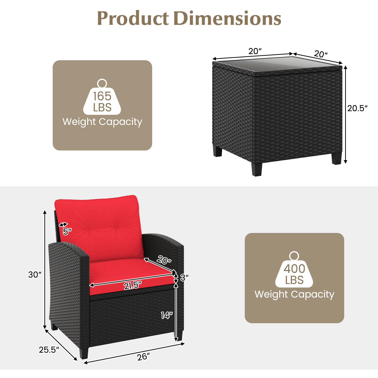 SUGIFT 3-Piece Black Rattan Patio Conversation Set with Cushioned Chairs and Glass Table