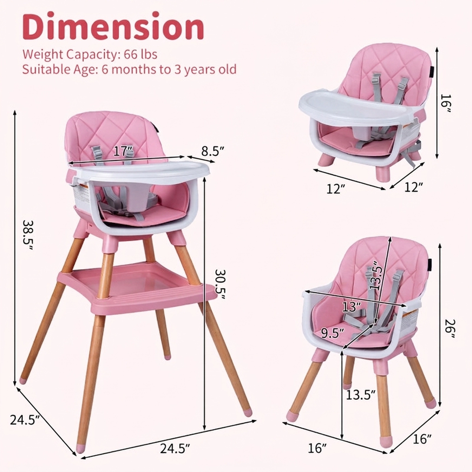 SUGIFT 9-in-1 Convertible High Chair for Babies and Toddlers with Seat Cushion 66-lb Capacity Ages 6 Months-3 Years Pink