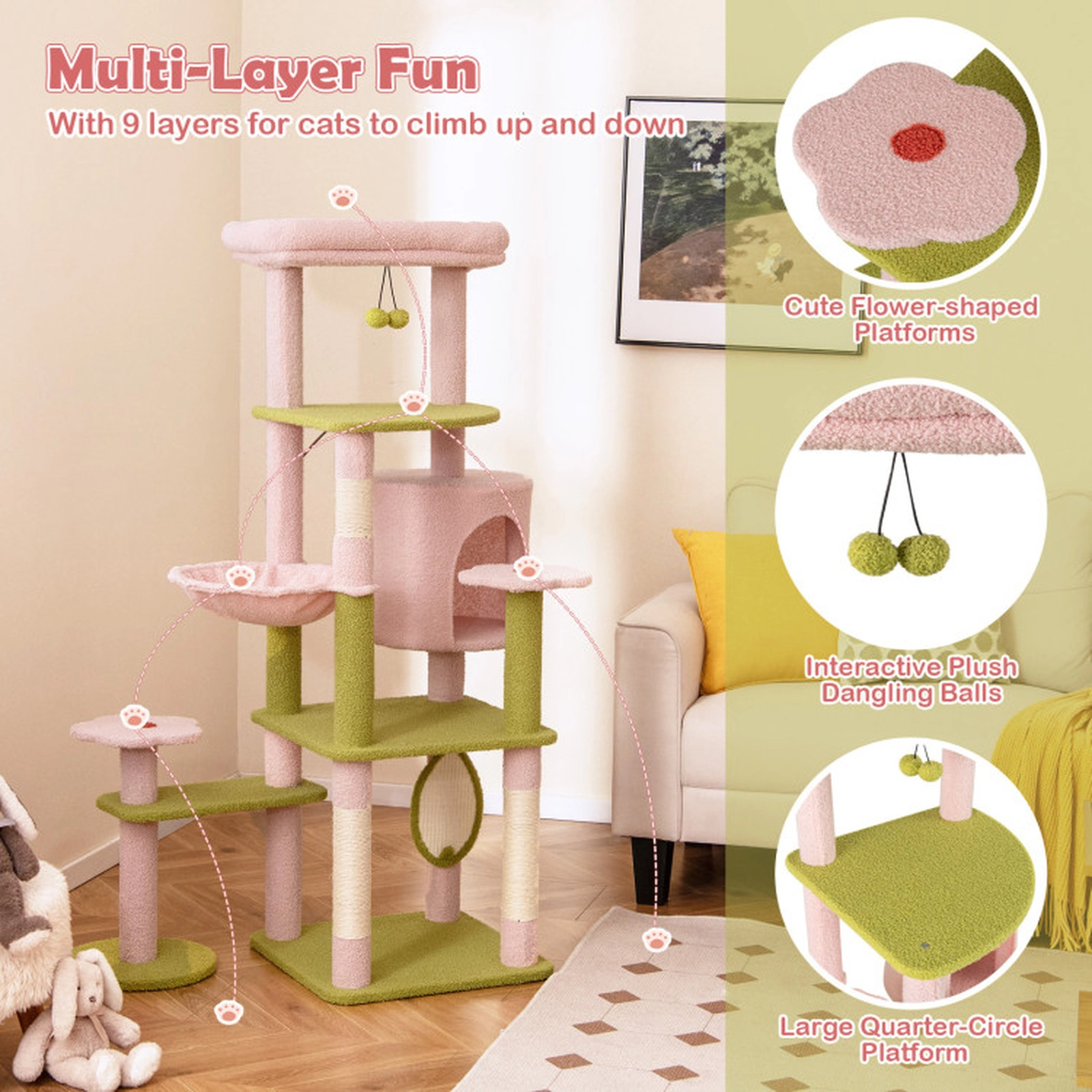SUGIFT Pink 58 in Multi-Level Floral Cat Tower with Leaf Scratcher and Hammock