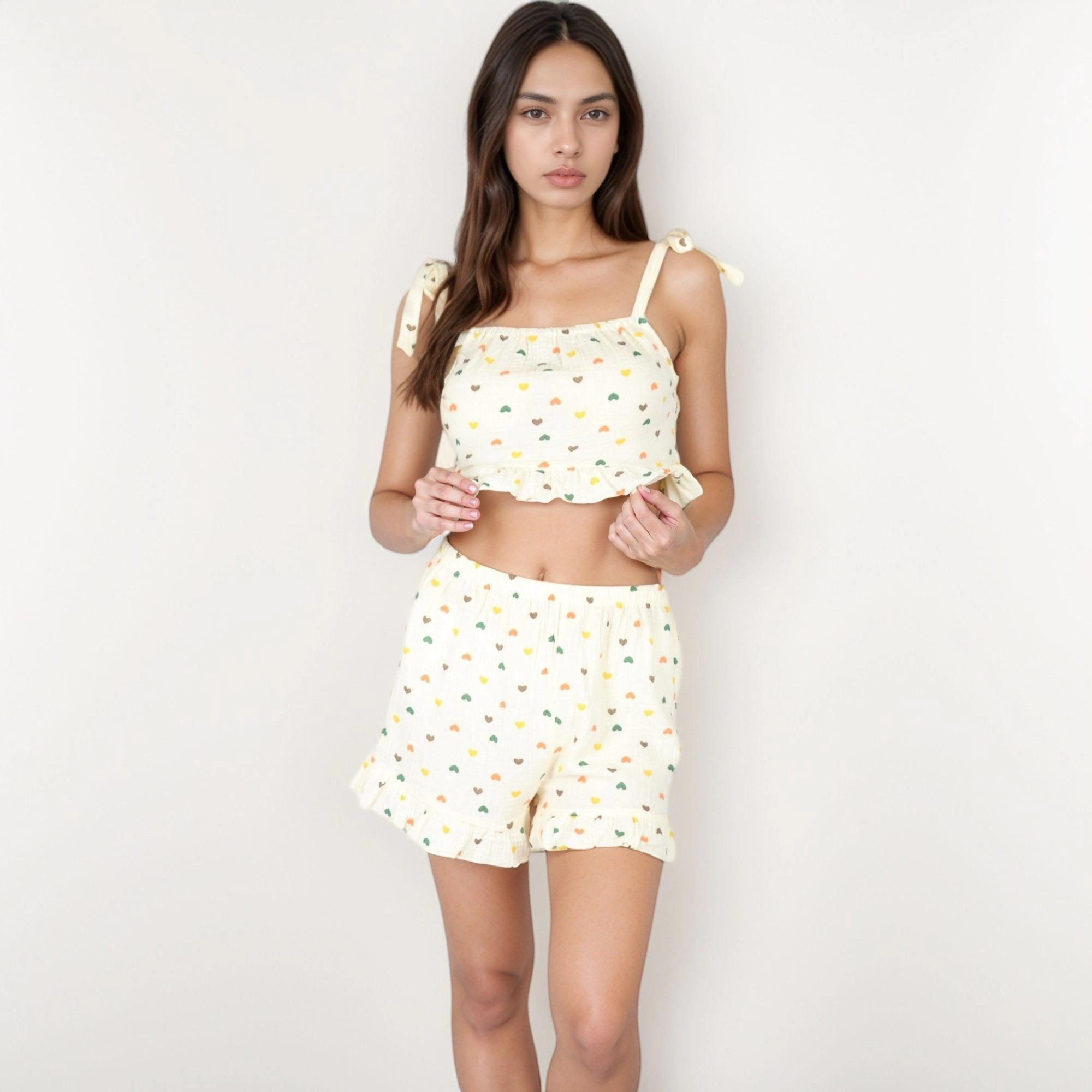 Anna-Kaci Women's Valentine Ruffle Hem Pajama Set with Tie Strap Crop Top and Multicolor Heart Print