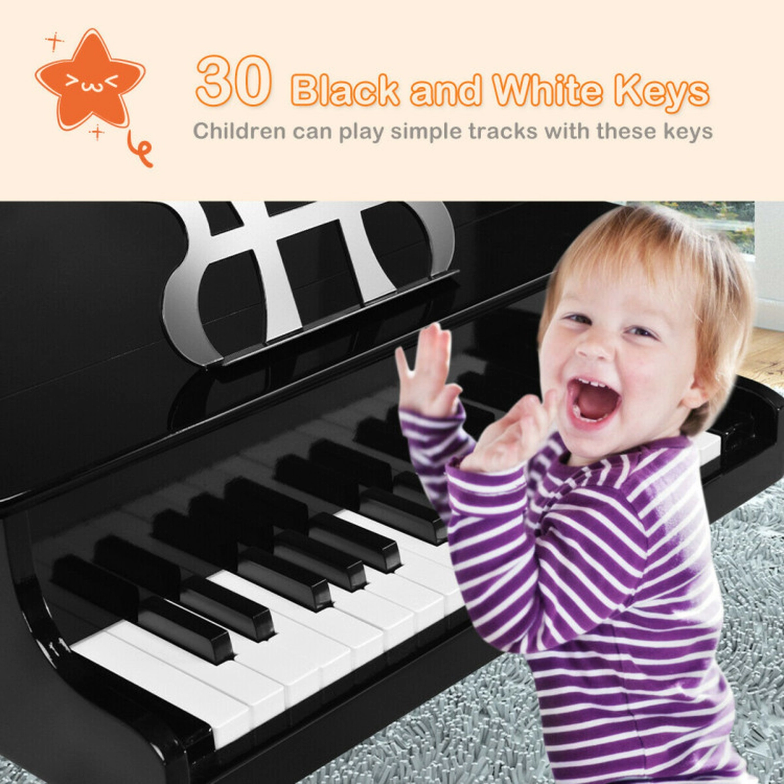 SUGIFT Black 30-Key Wood Kids Grand Piano with Bench Music Rack and Environmentally Friendly MDF Build