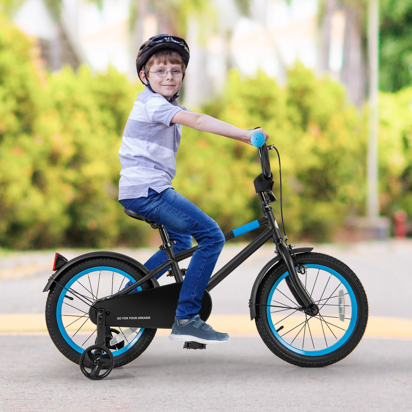 16-in Boys Bike 145-lb Seat Capacity Heavy-Duty High Carbon Steel Frame Removable Training Wheels Dual Brakes Ages 4-7