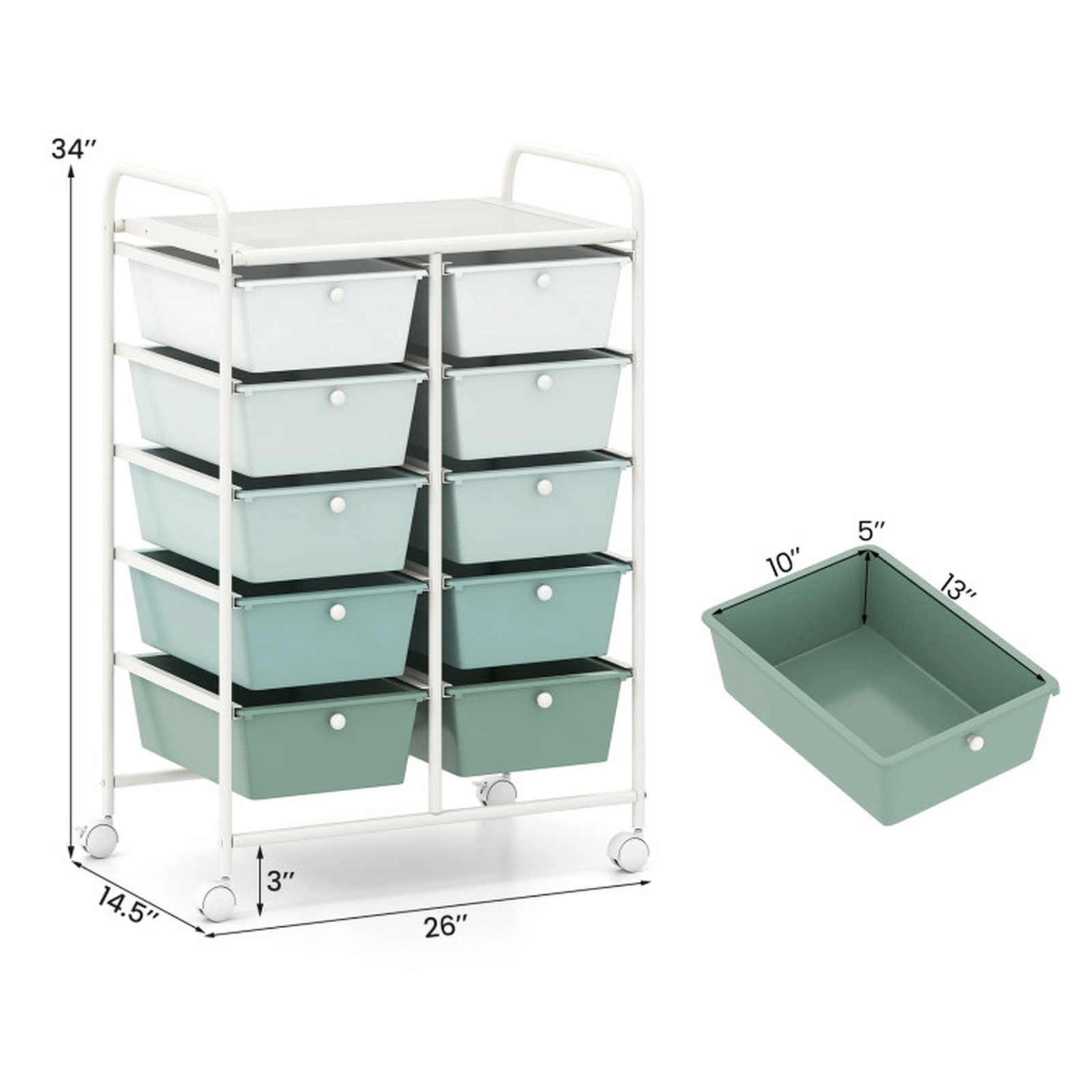 SUGIFT 10-Drawer Rolling Storage Cart with Mesh Top 22-lb Top Capacity 5.5-lb Drawer Capacity Light Green