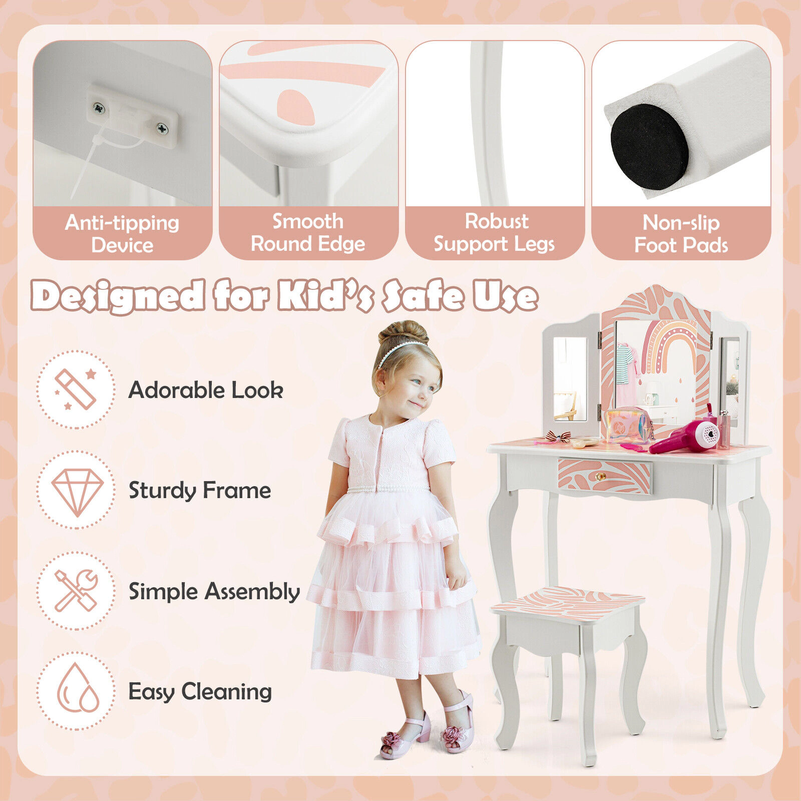 SUGIFT Kids Vanity Table and Stool Set with Tri-Fold Mirror and Drawer and Convertible Desk in Pink and White