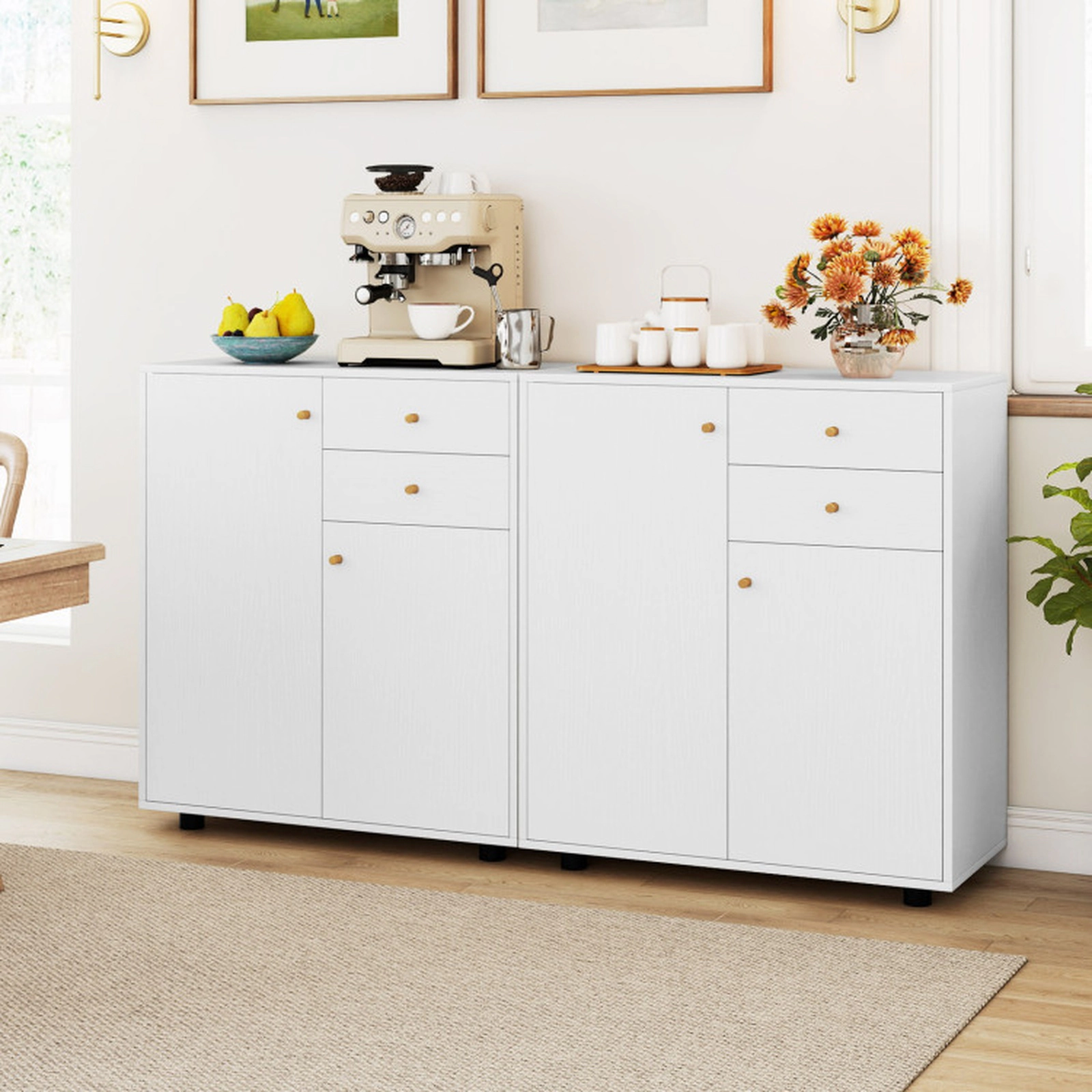 SUGIFT 29-in White Sideboard Buffet Coffee Bar Cabinet with 2 Drawers 2 Doors and 3 Adjustable Shelves