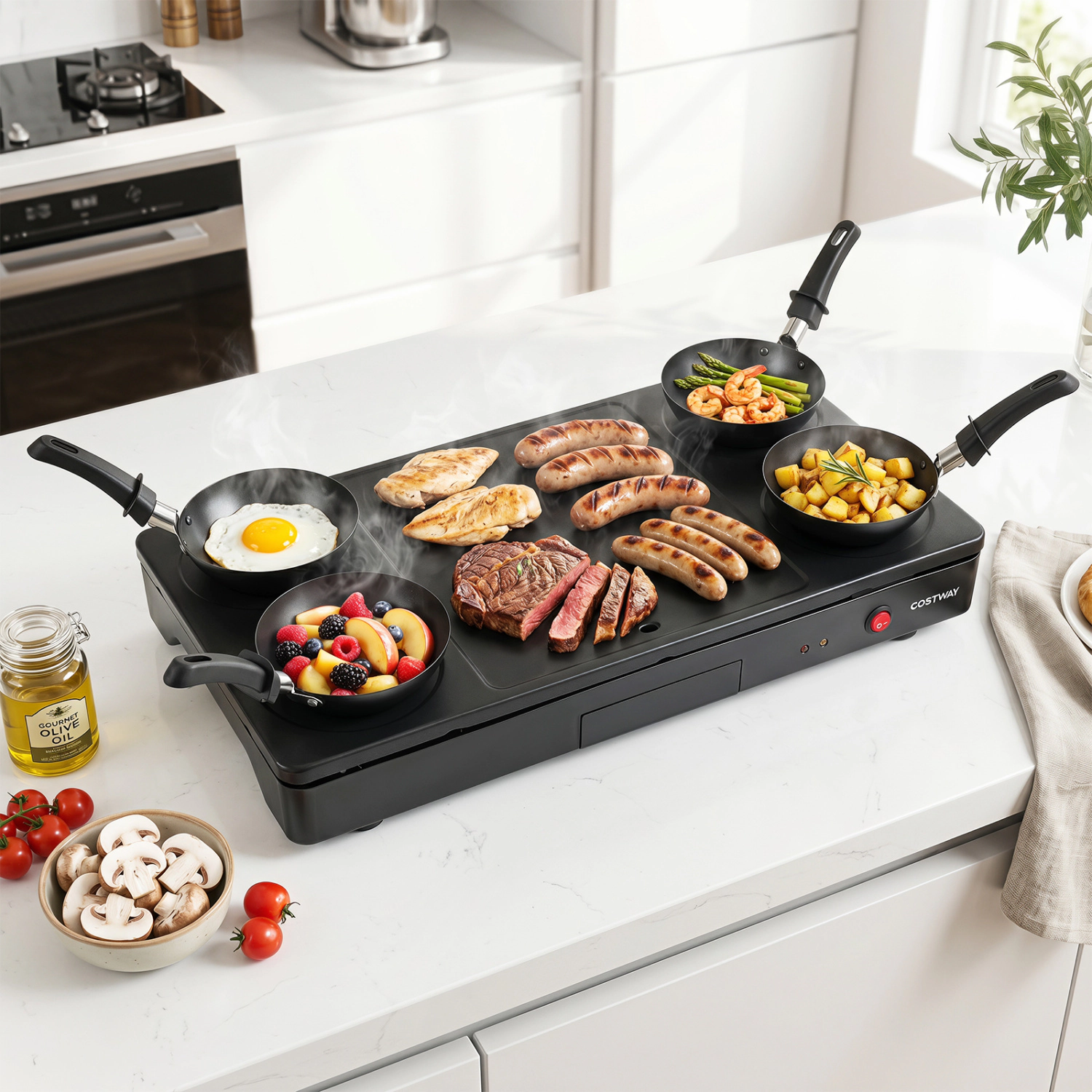 LJG 1000W Electric Grill Griddle with 4 Nonstick Woks and Wooden Spatulas for Pancakes