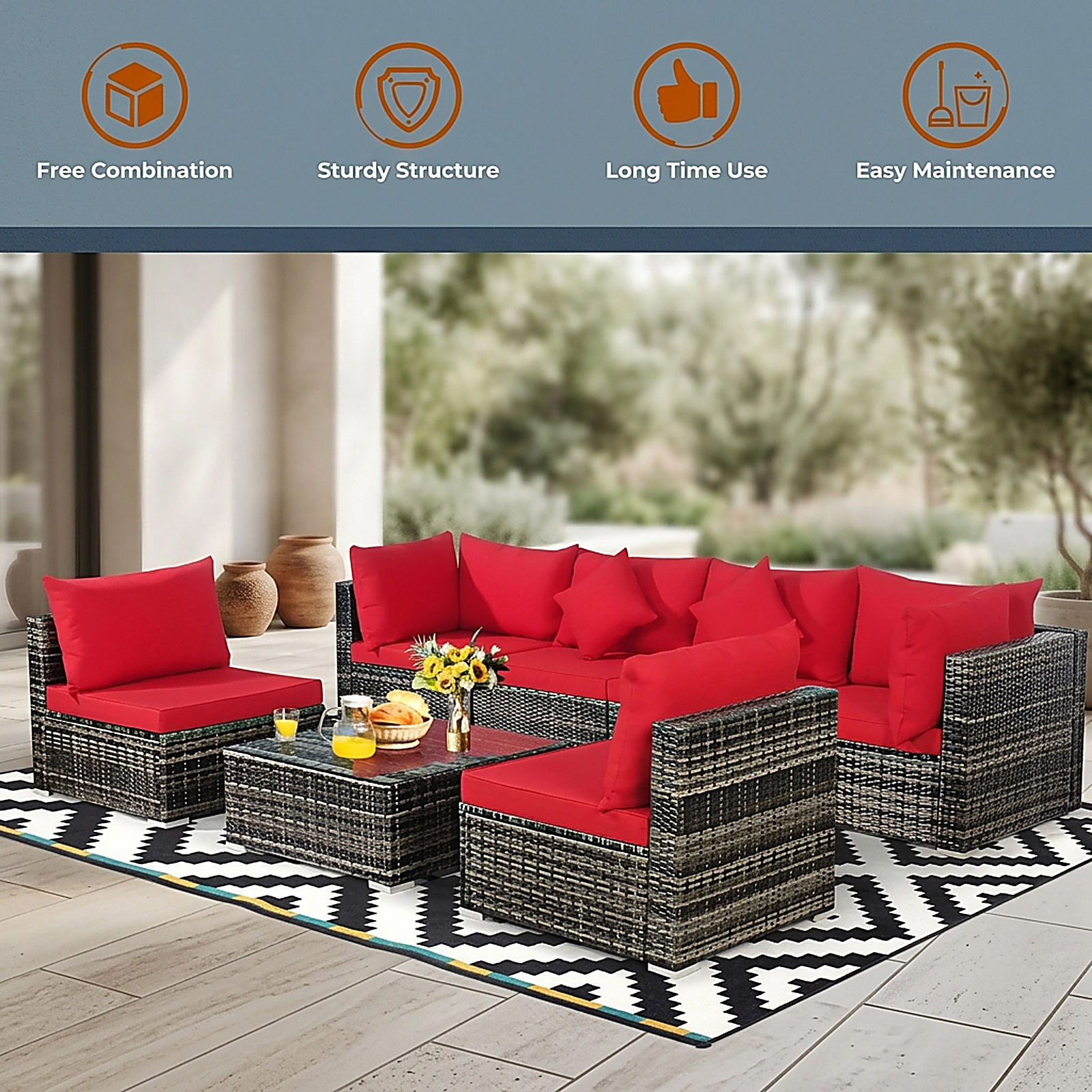 SUGIFT Tempered Glass Table Cushions and Throw Pillows 7-Piece Patio Rattan Sectional Sofa Set