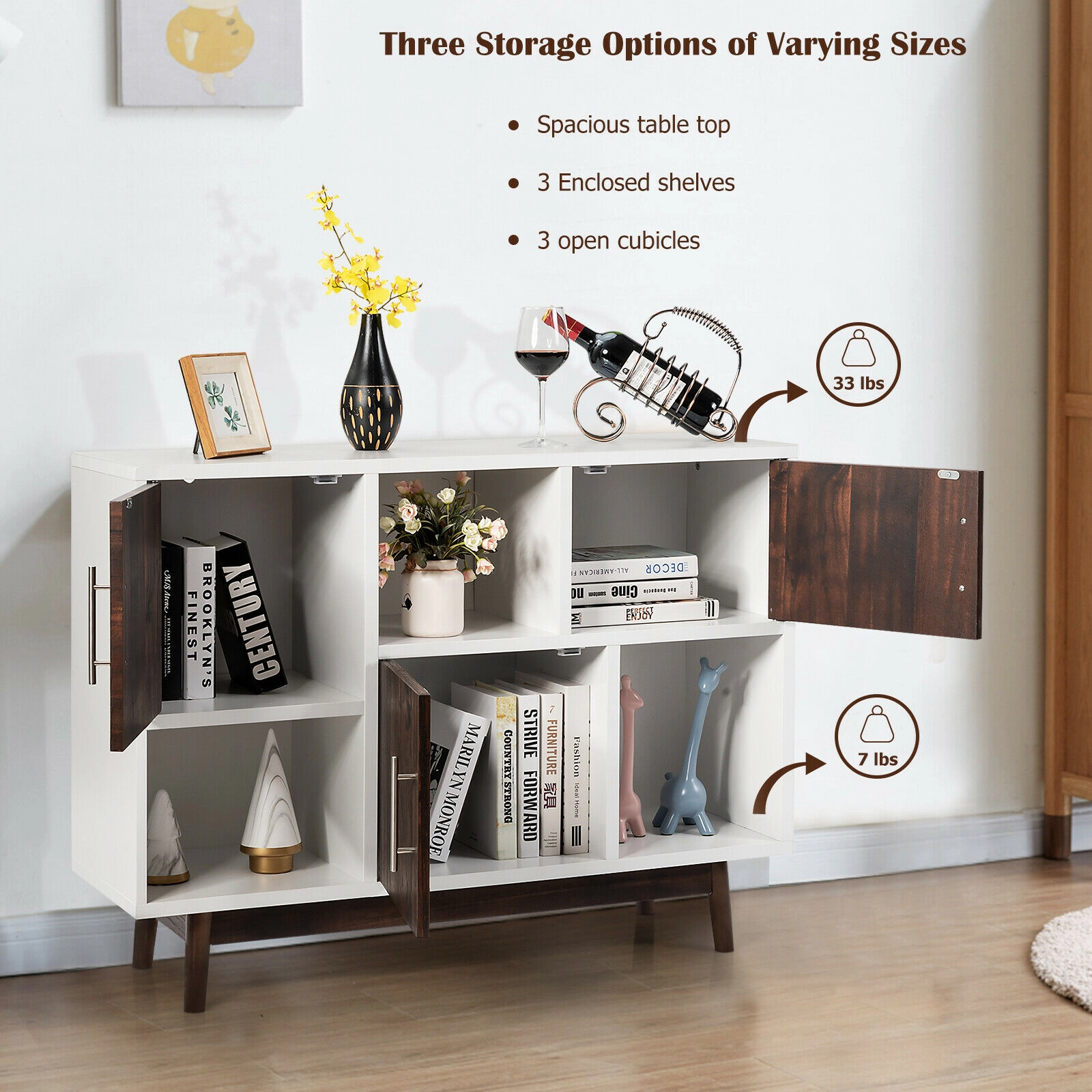 SUGIFT 40.5-in White Wood Sideboard Display Cabinet with 6 Compartments and Pine Legs for Living Room