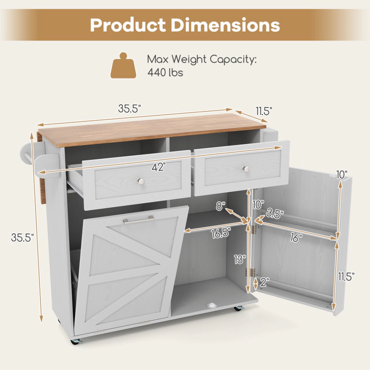 Hivvago Rolling Kitchen Island with Trash Can Cabinet and Rubber Universal Wheels