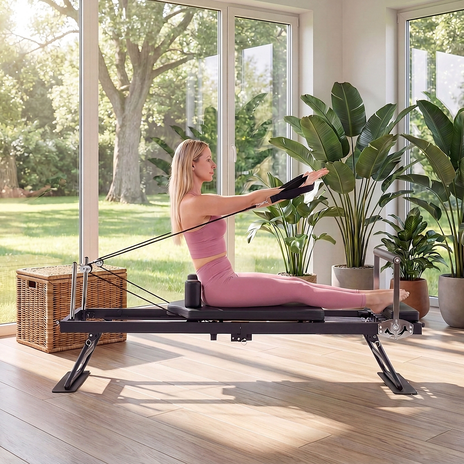 SUGIFT Black Adjustable Footbar 660-lb Foldable Pilates Reformer Machine for Home Gym