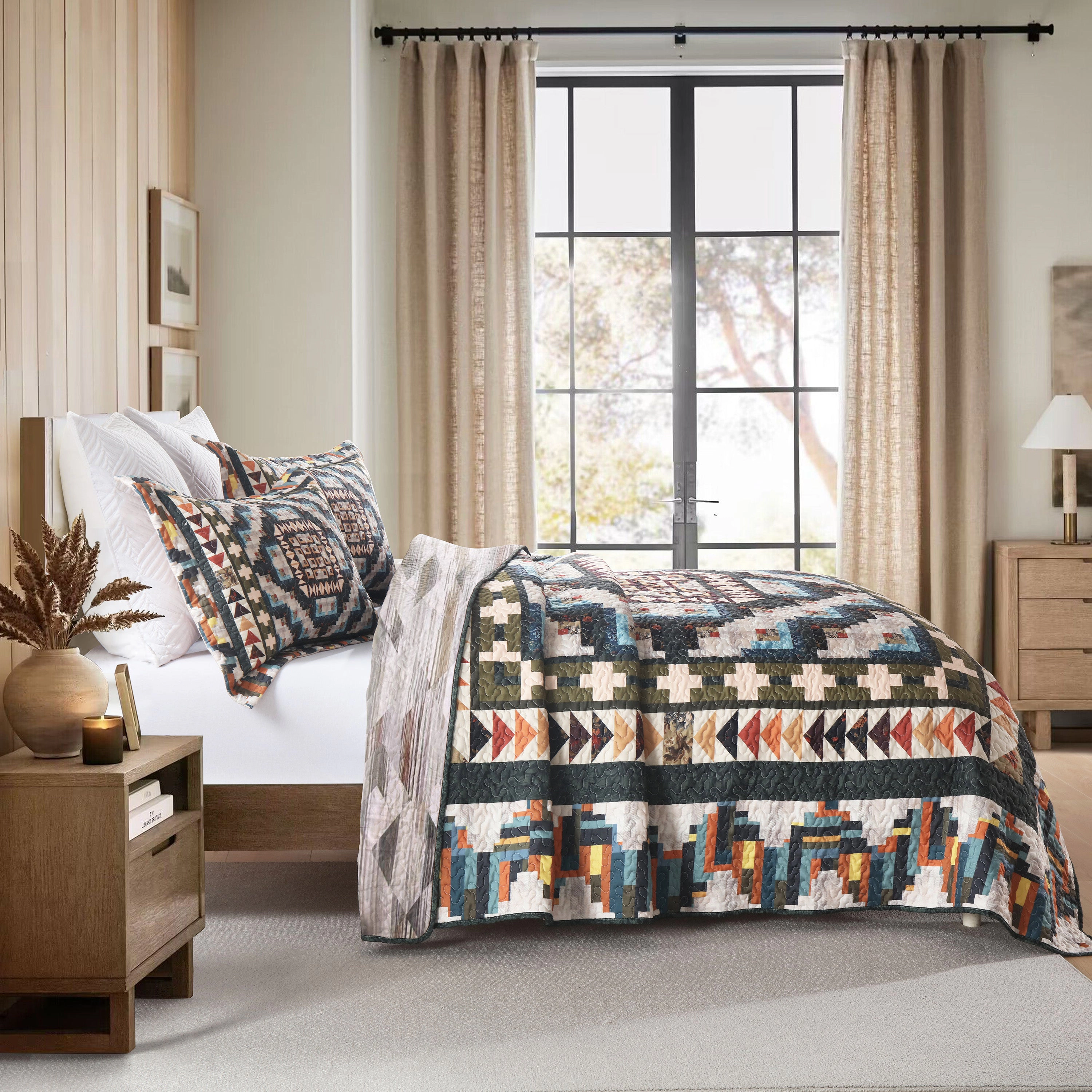 MarCielo 3 Pieces Reversible Southwestern Quilt Set,Geometric Bedspread Set