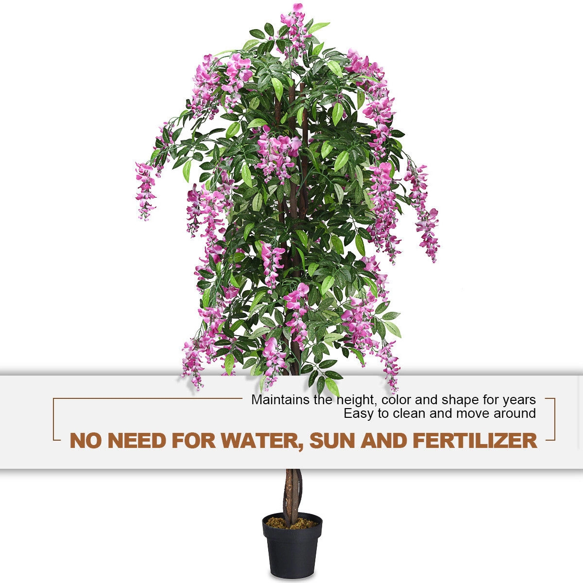 SUGIFT 6-ft Artificial Wisteria Tree with 2 Wood Trunks and 1260 Leaves in Moss Topped Pot in Purple