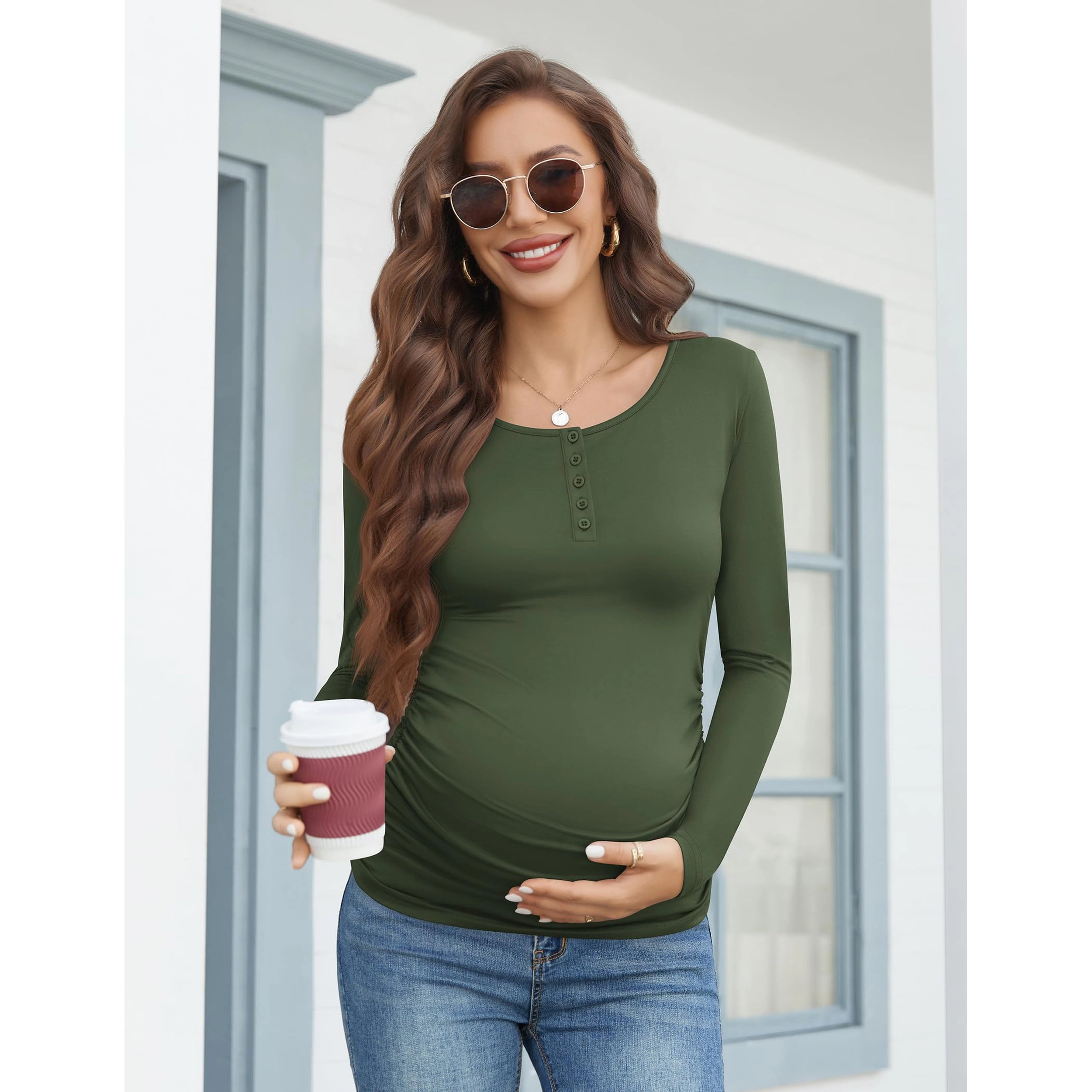 Ekouaer Women's Maternity Henley V Neck Long Sleeve Ruched Tunic Top