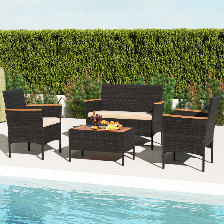Hivvago 4 Piece Patio Wicker Sofa Set 2 Rattan Chairs And Loveseat With Table