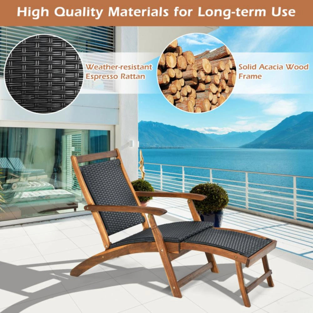 Hivvago Patio Rattan Folding Lounge Chair With Acacia Wooden Frame Retractable Footrest