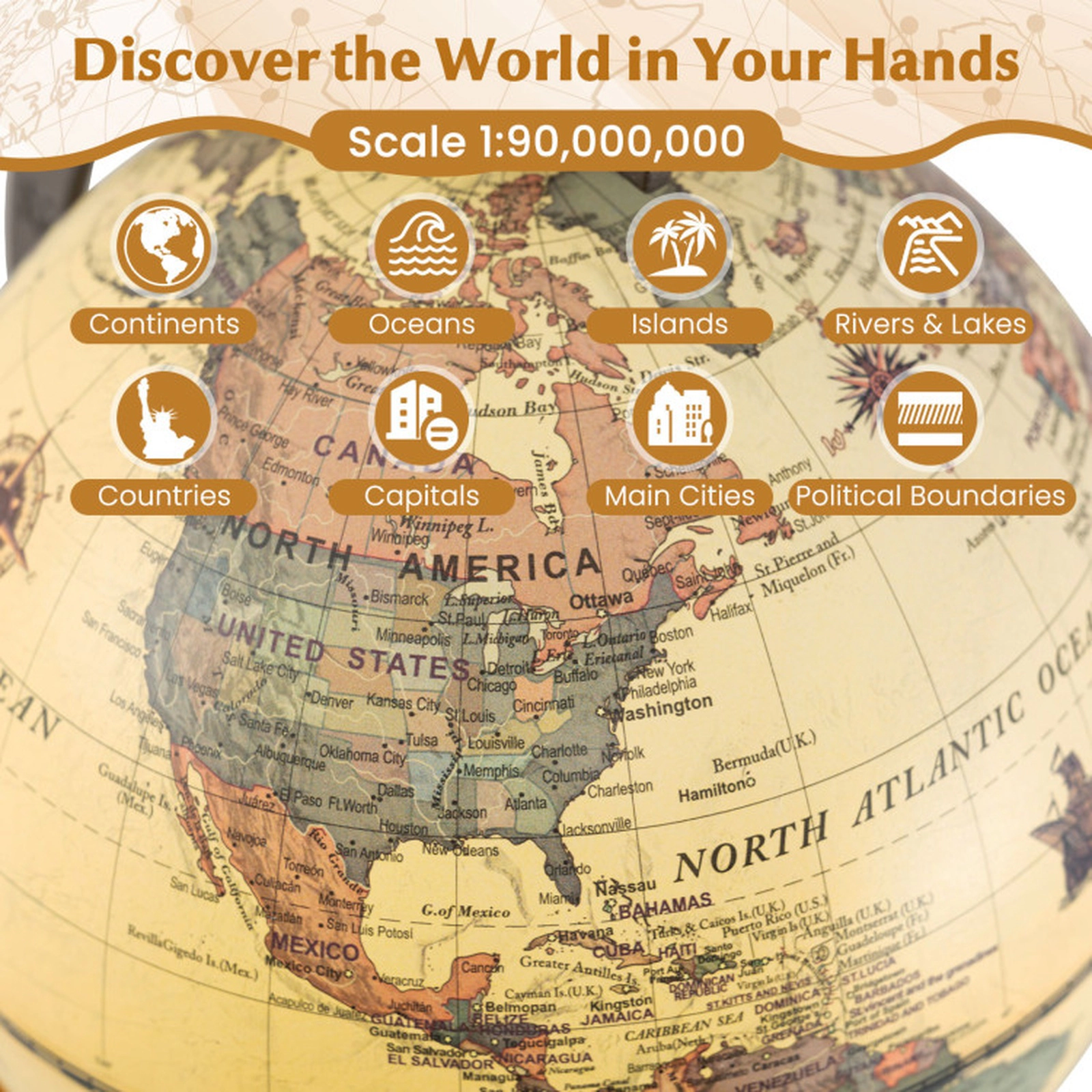 SUGIFT Antique Mini Rotating World Globe Interactive Desktop Toy 5.5-in Diameter Bronze with Wooden Base