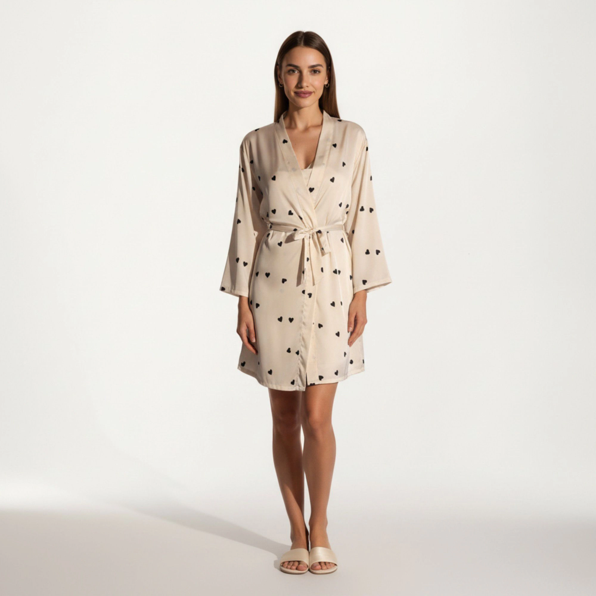 Anna-Kaci Women's 2-Piece Satin Polka Dot Slip Dress with Spaghetti Straps and Matching Tie Waist Robe Layer