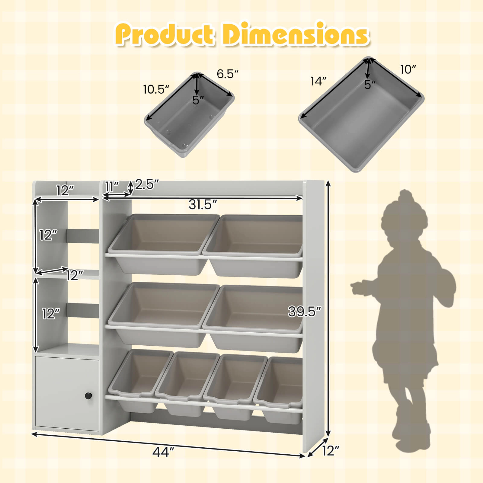 Costway Kids Toy Storage and Bookshelf, Wooden Bookcase with 4 Small Boxes & Large Gray