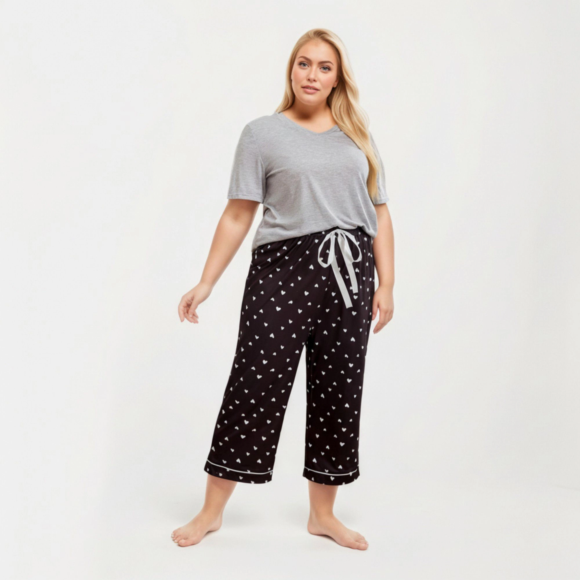 Anna-Kaci Women's 2-Piece Soft Knit Valentine Short Sleeve Top and Heart Print Capri Pajama Pants with Stretch Waist Tie