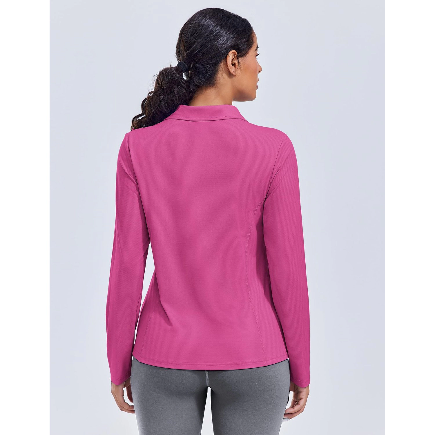 Pinspark Womens Solid Long Sleeve Polo Shirts Fall V Neck Collared Casual Tops