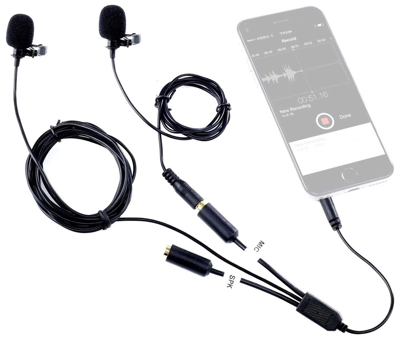 Movo Professional Lavalier Lapel Clip-on Interview Podcast Microphone with Secondary Mic and Headphone Monitoring Input