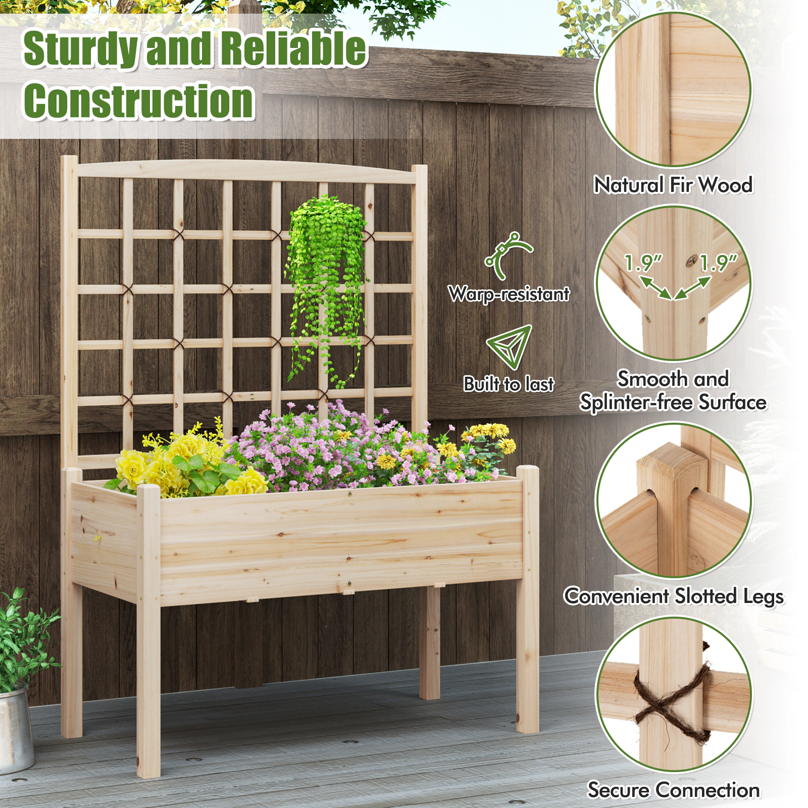 SlickBlue Fir Wood Raised Garden Bed with Trellis and Elevated Planter Box