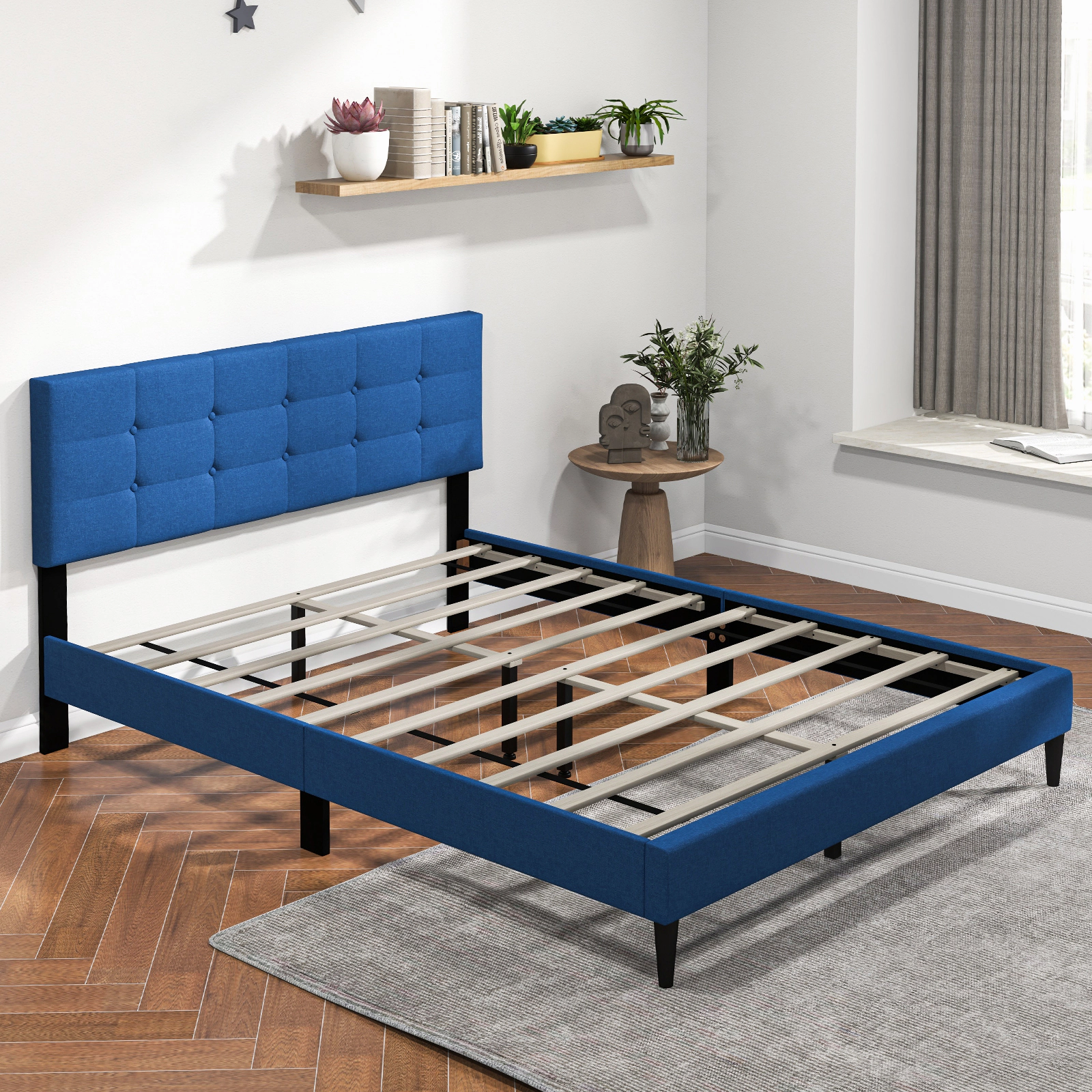 Queen Size Upholstered Platform Bed with Button Tufted Headboard Blue Linen Bed with Wooden Slat Support