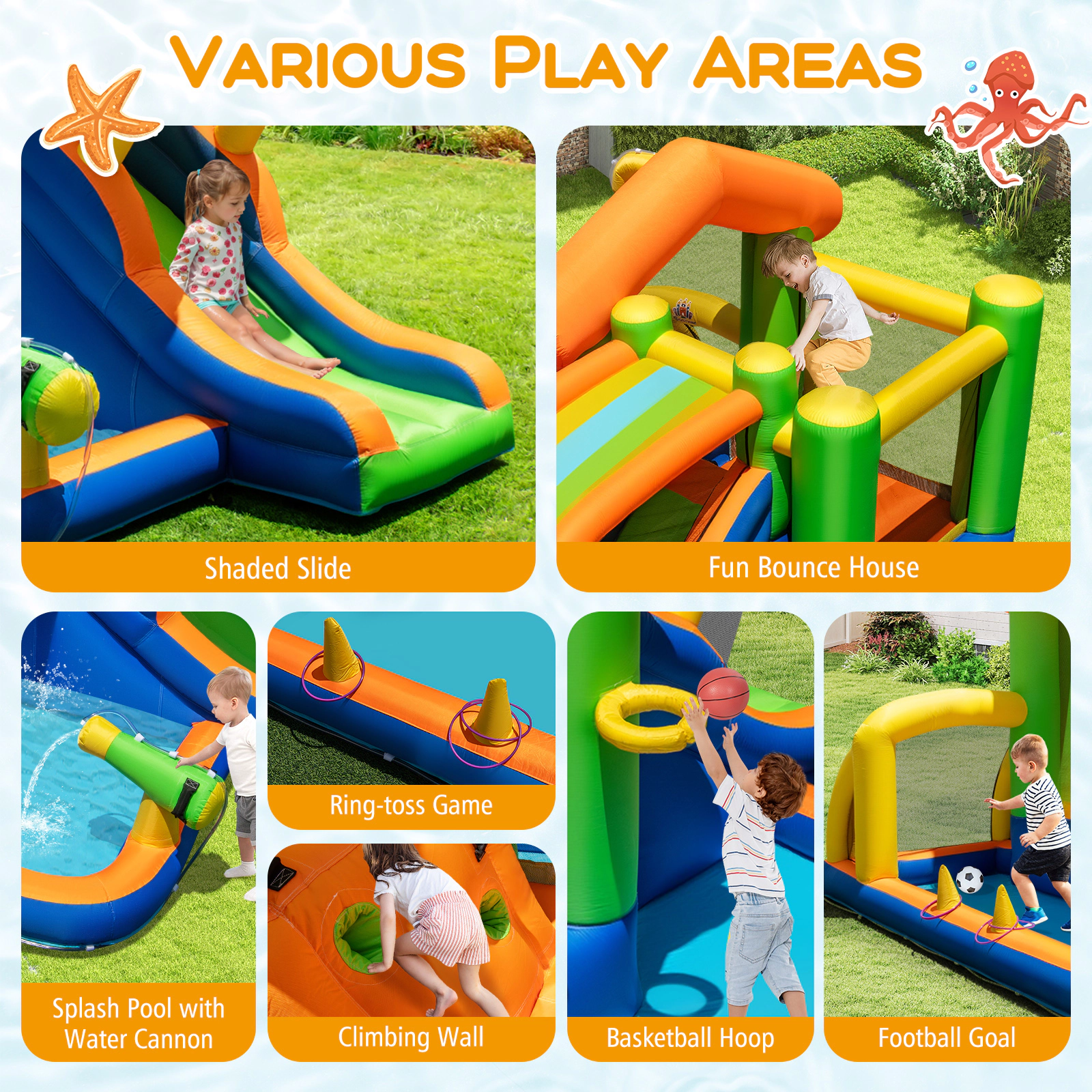 SUGIFT Football Goal and 480W Blower 8-in-1 Kids Inflatable Bounce House Water Park